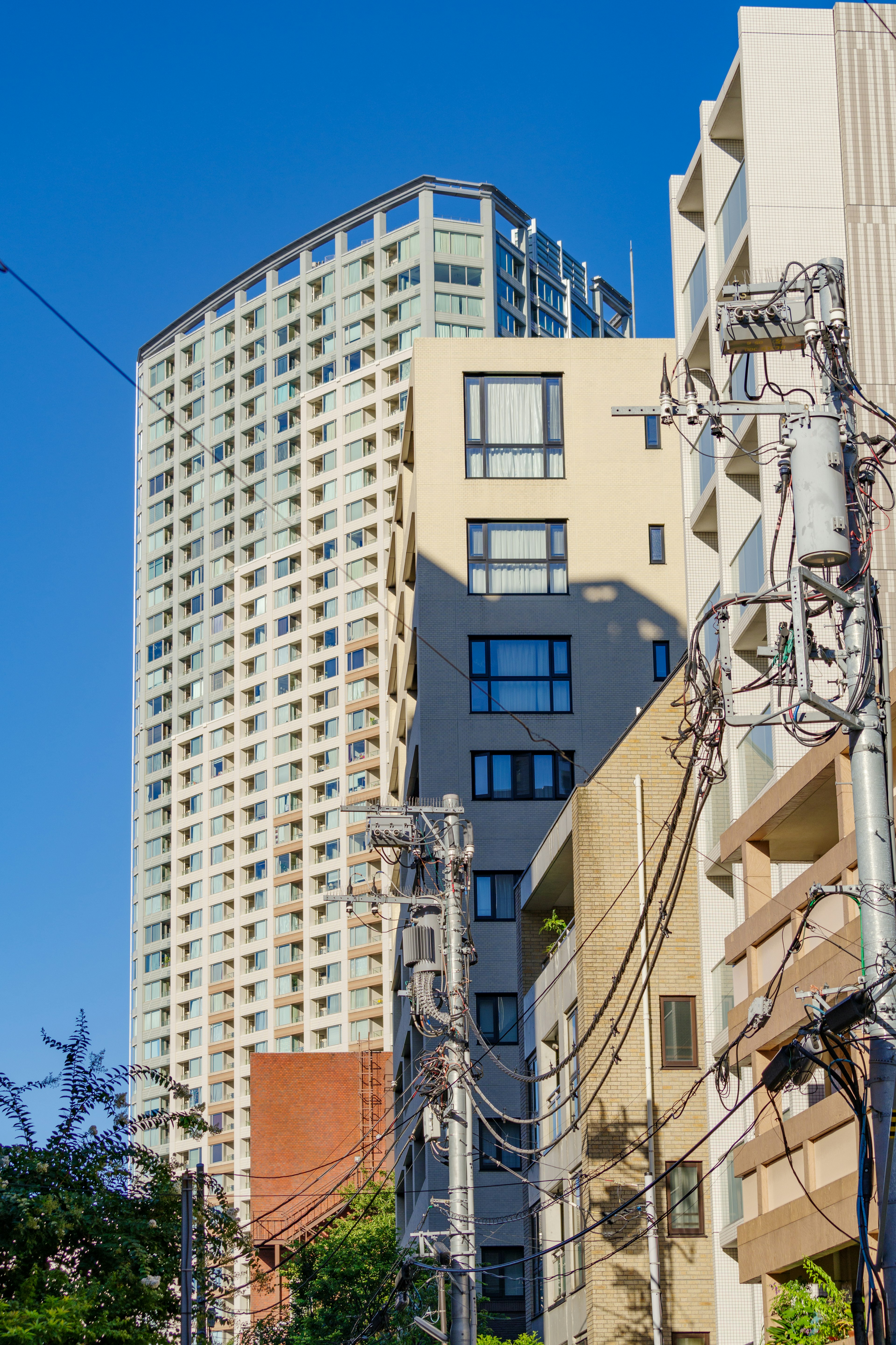 Paesaggio urbano con un grattacielo e strutture residenziali