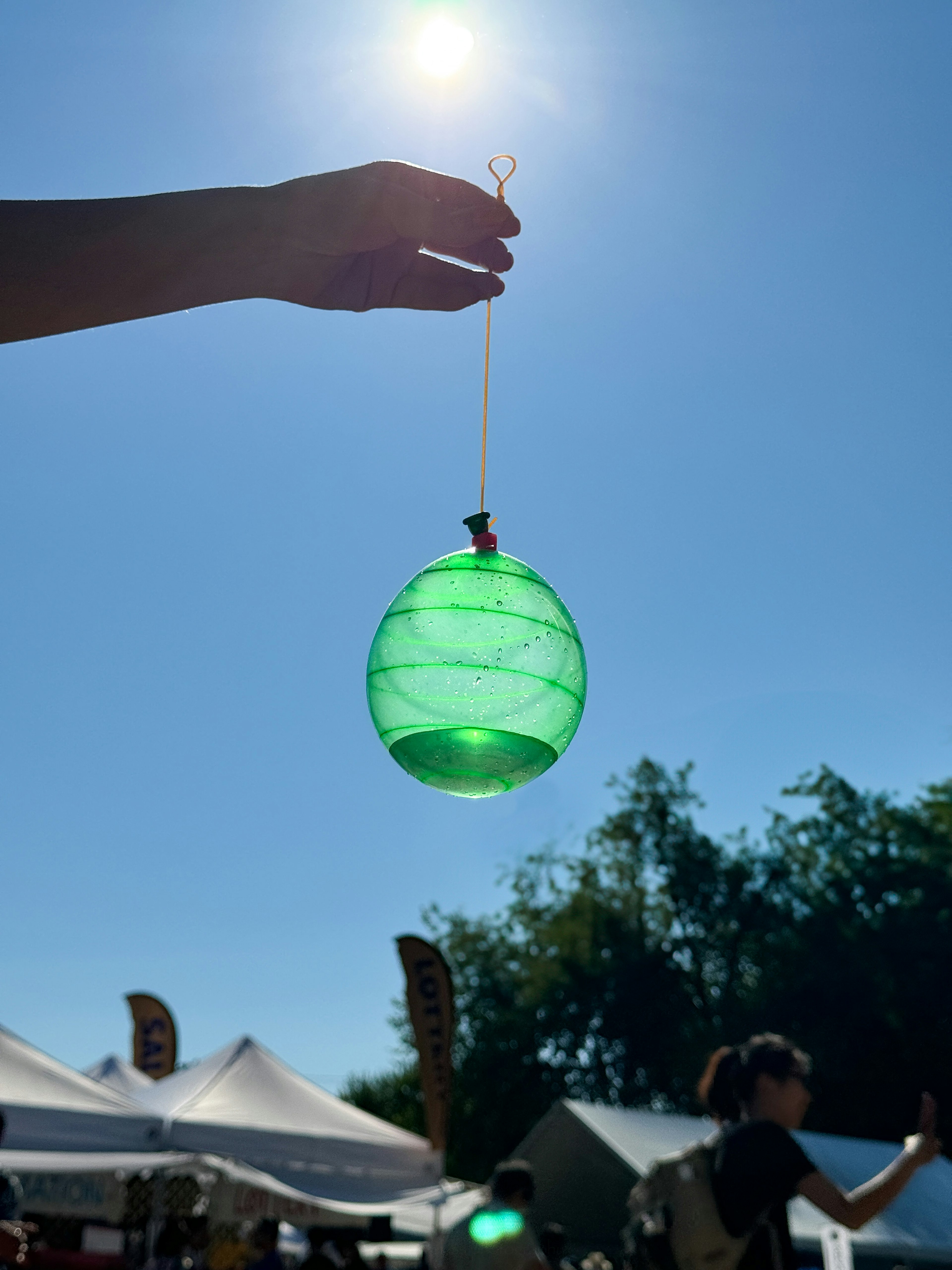 Una mano che tiene un oggetto sferico verde illuminato dalla luce del sole