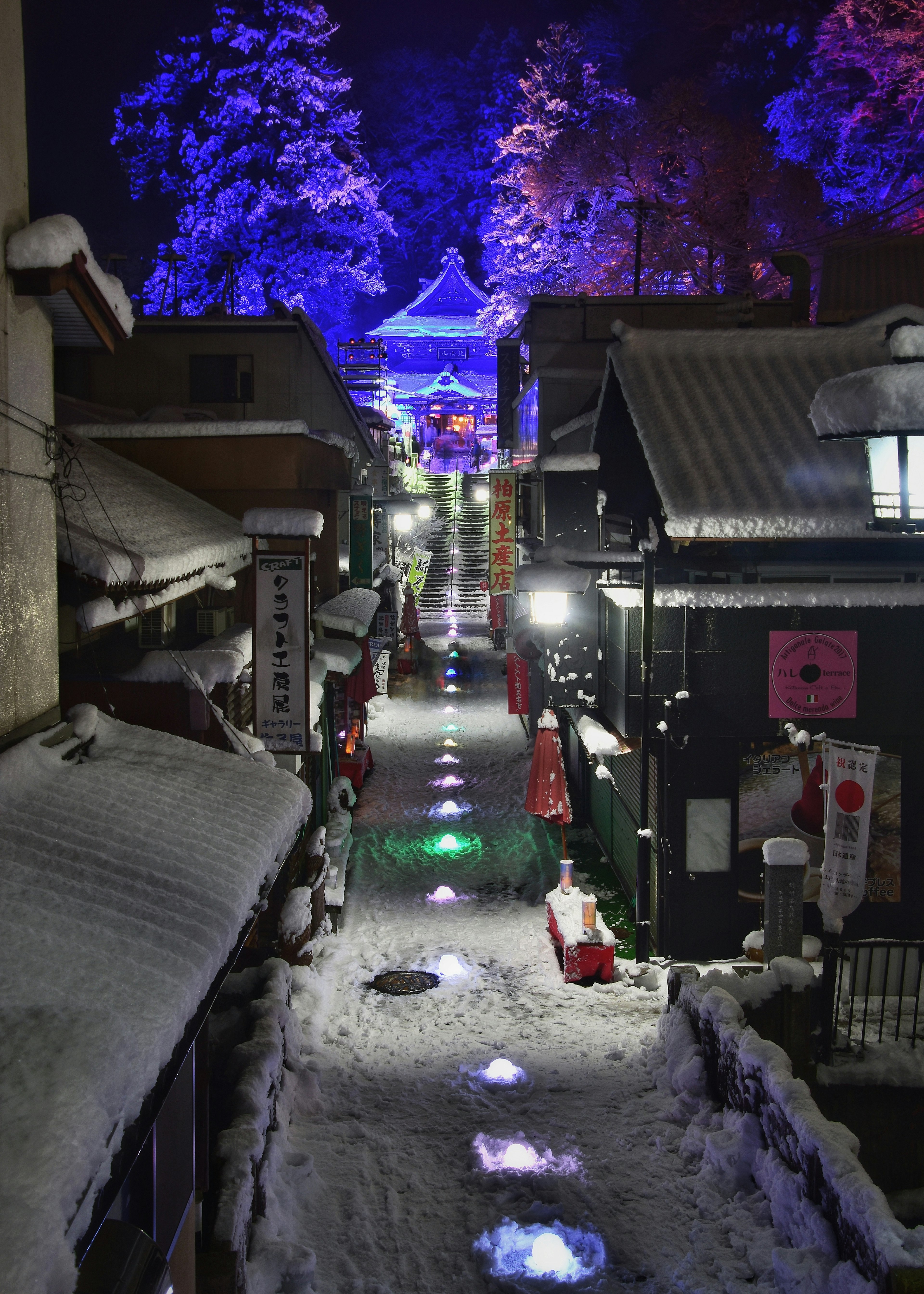 Night scene of a snowy path illuminated by colorful lights