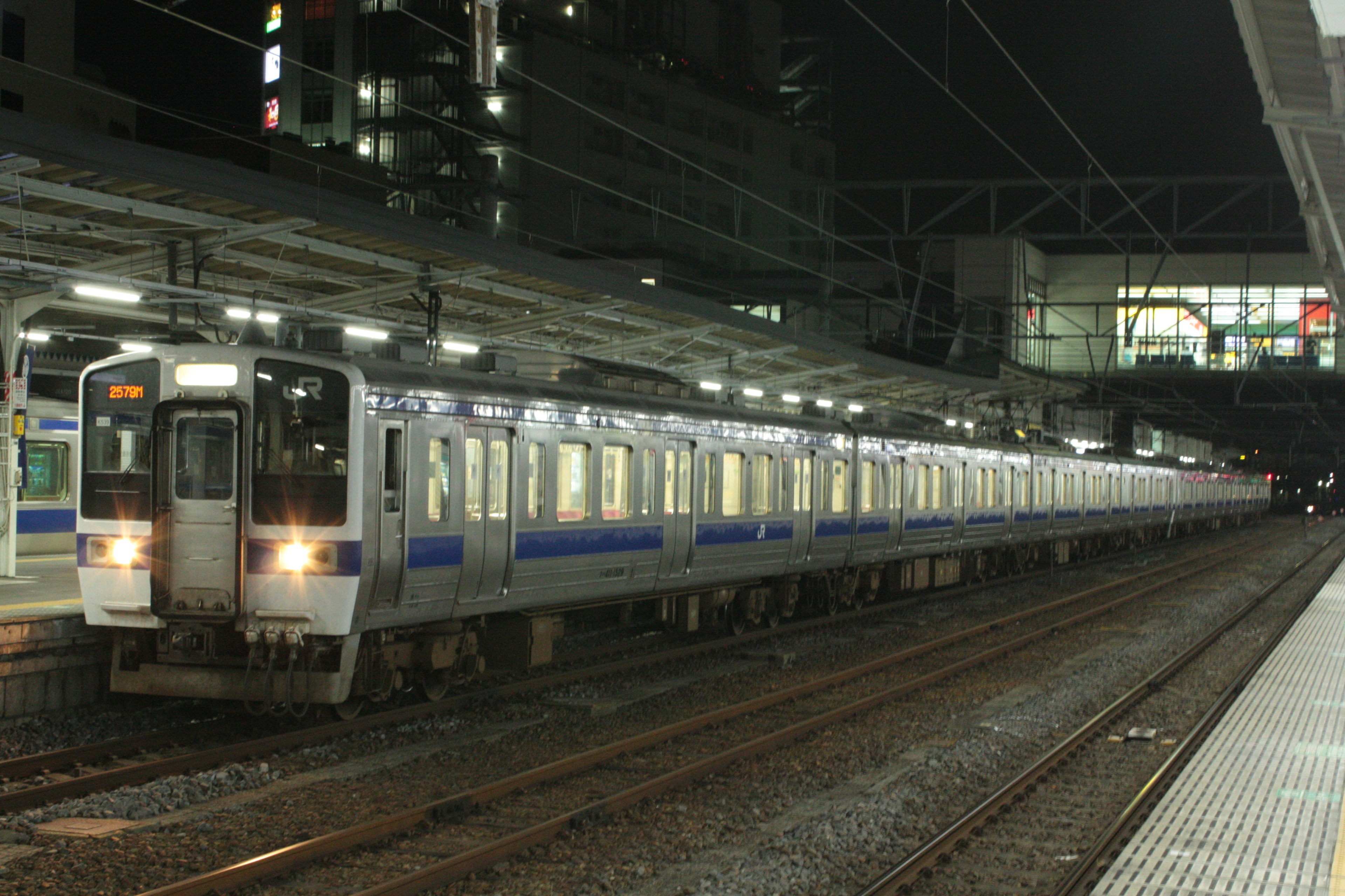 Blue and white train stopped at a station at night