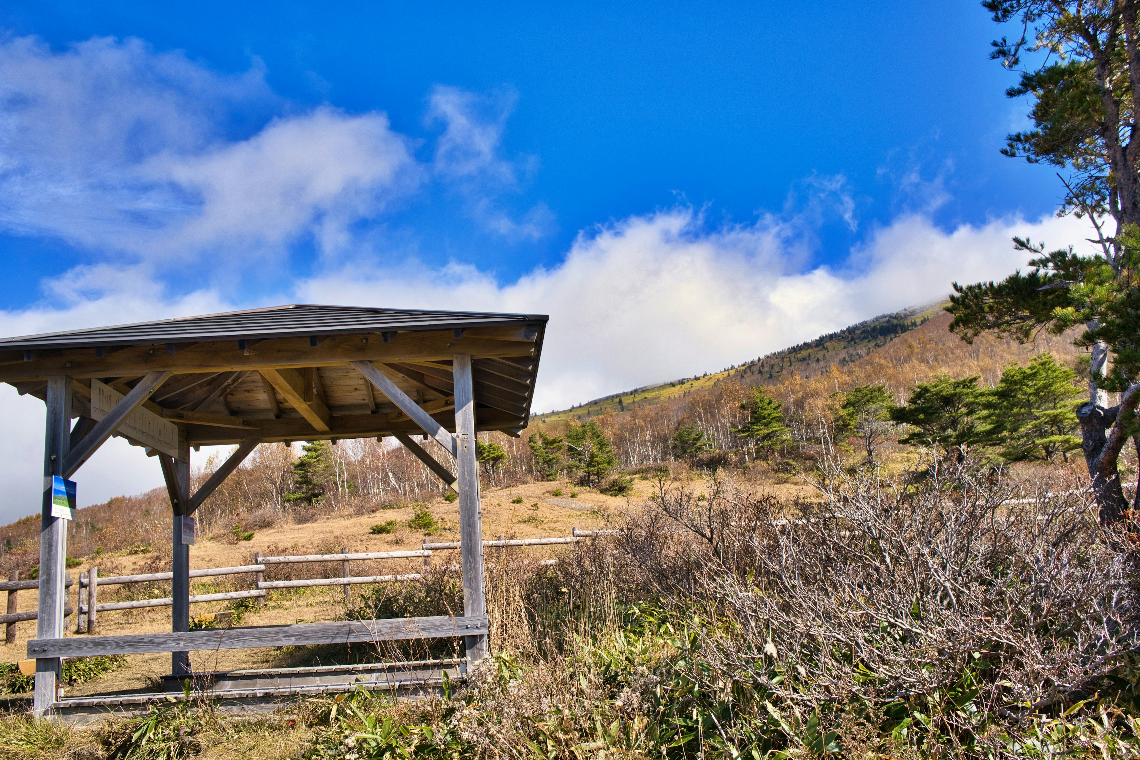 青空の下にある木造の小屋と山の風景