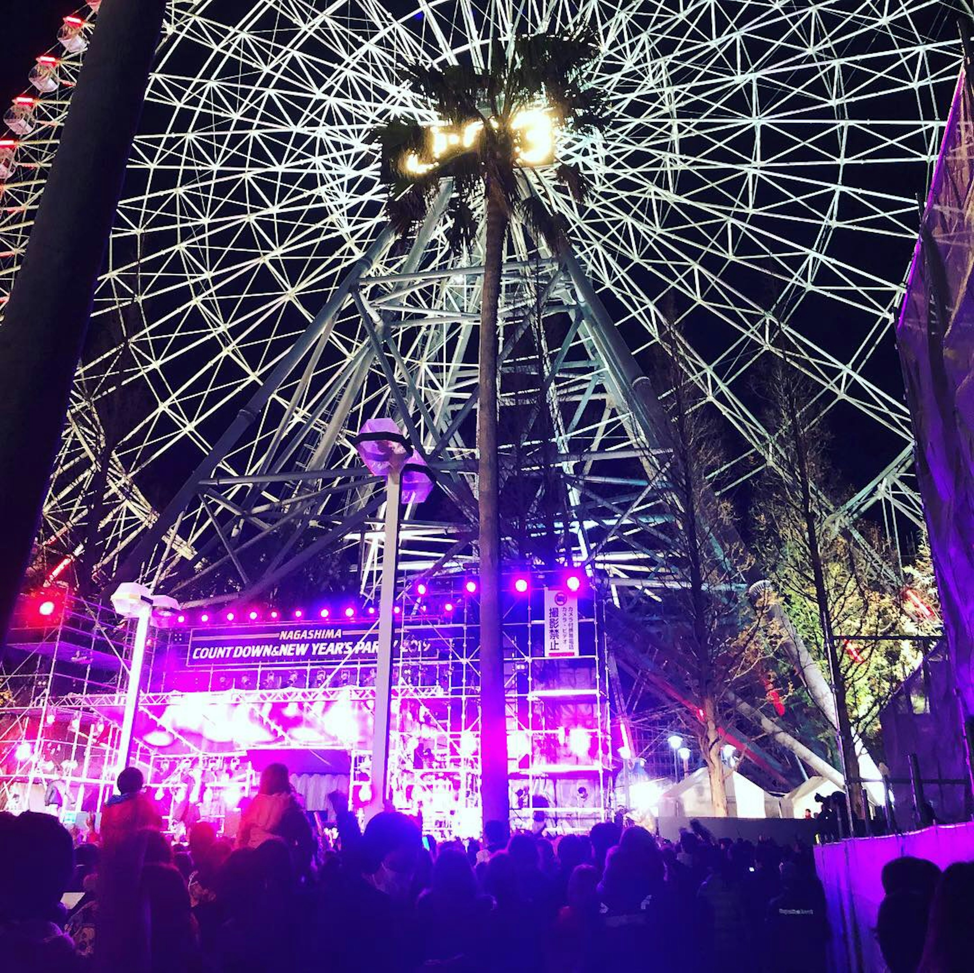 Scène d'événement vibrant avec une grande roue et une scène de performance la nuit