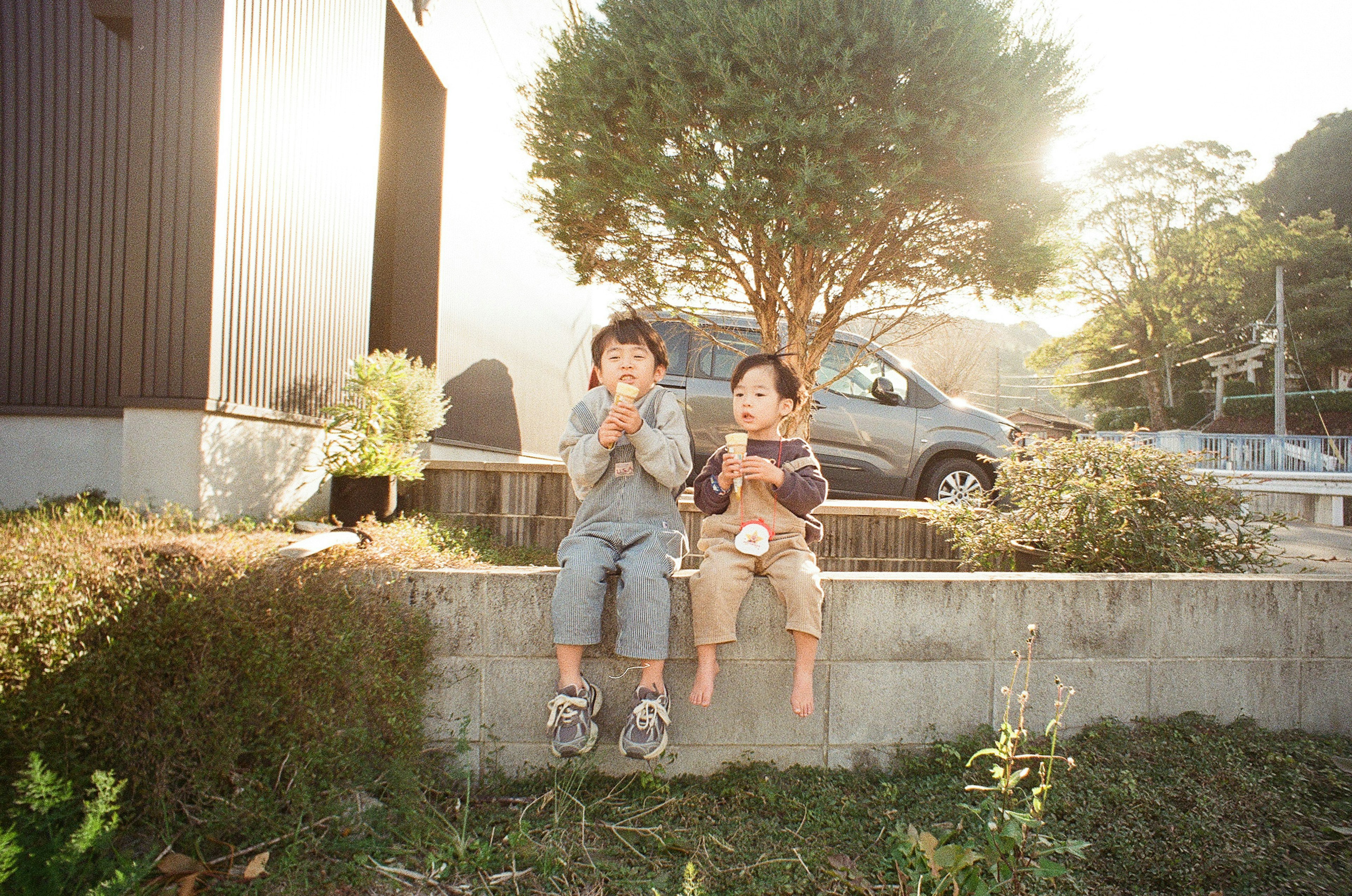 Two children sitting on a concrete wall with a tree and car in the background