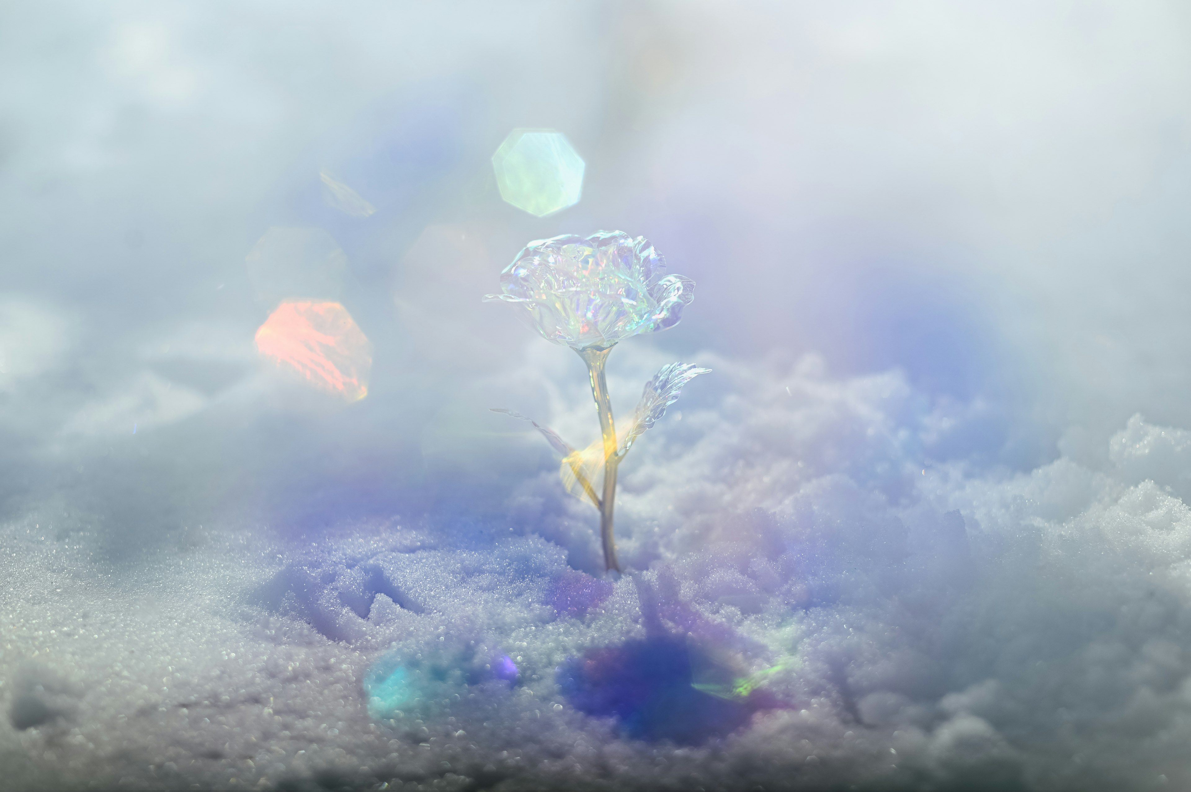 A surreal flower rising amidst clouds with colorful light reflections and ethereal hues