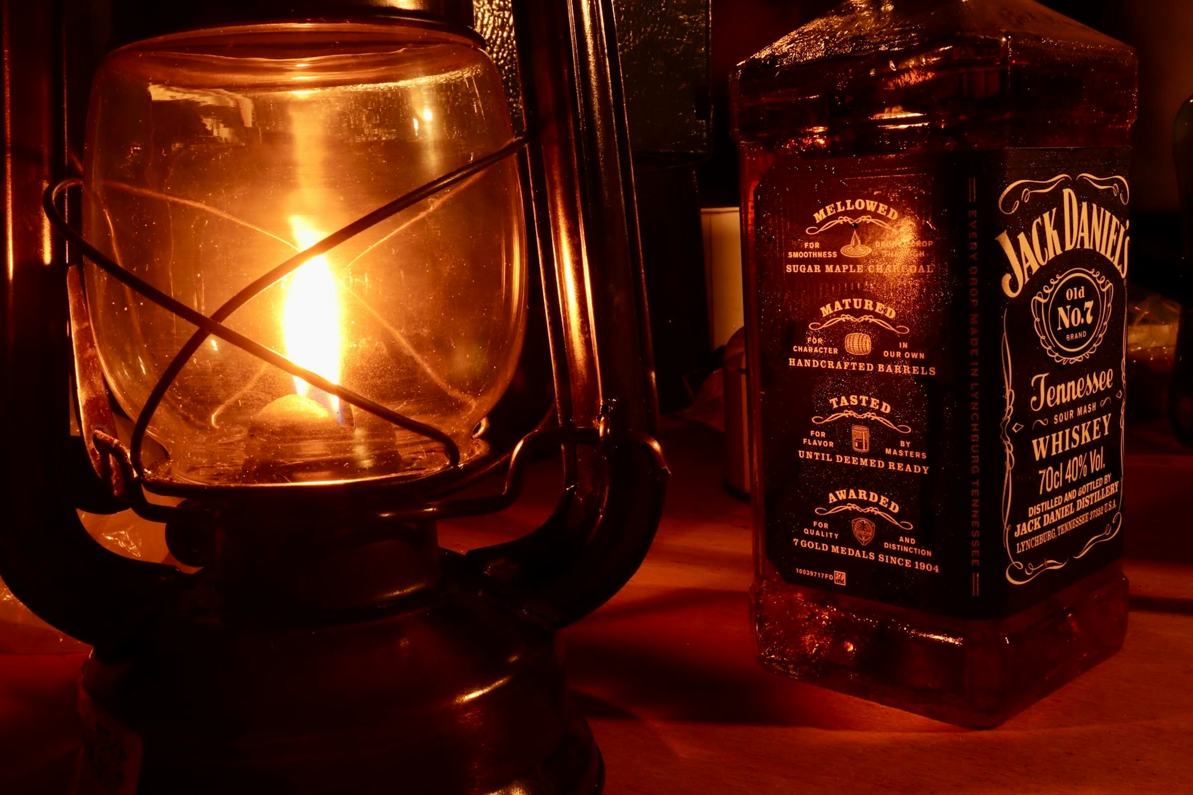 Display of a lantern and Jack Daniel's whiskey bottle