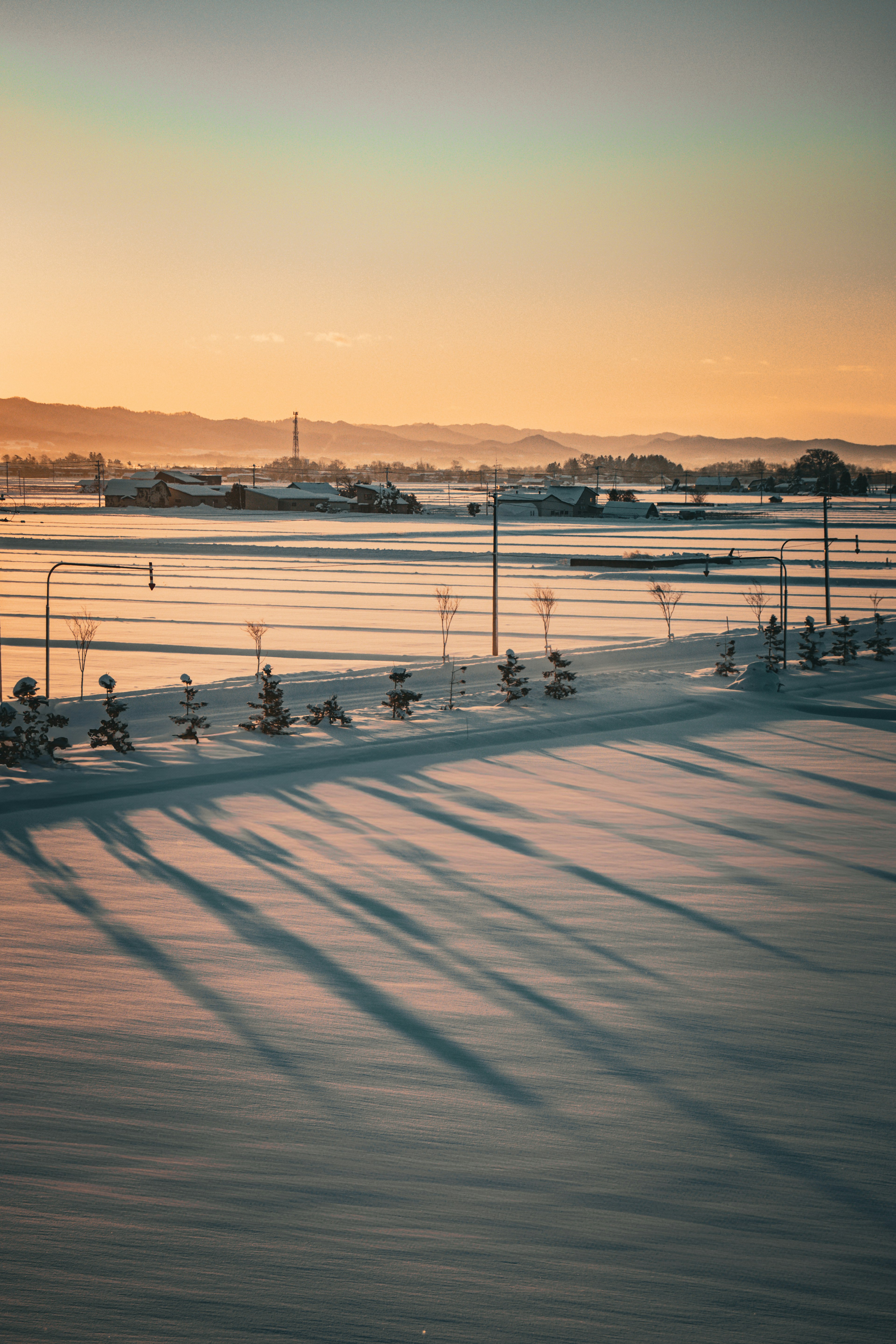 Paesaggio invernale con neve e lunghe ombre