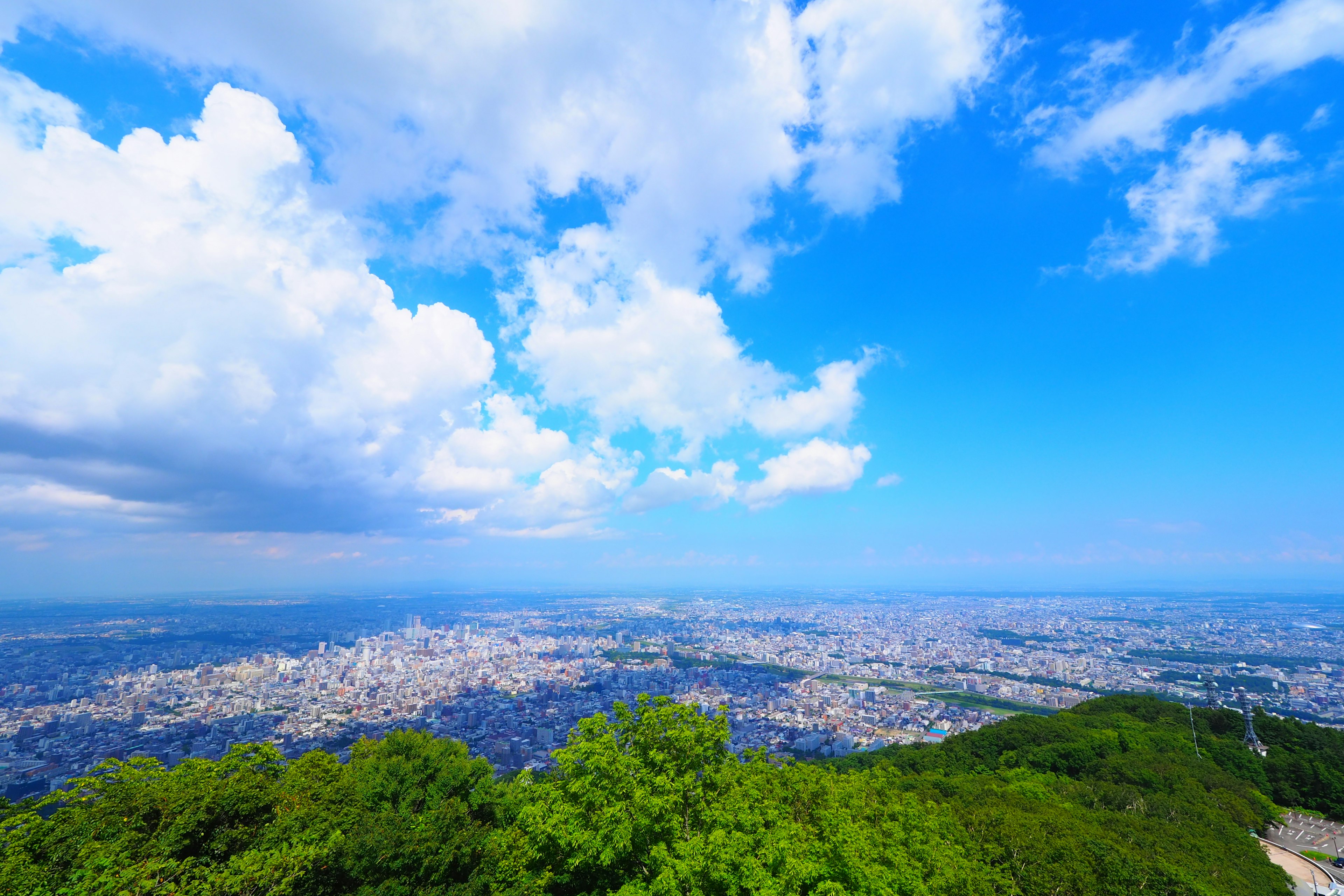 Ampia vista della città dalla cima di una montagna verde con cielo azzurro e nuvole bianche