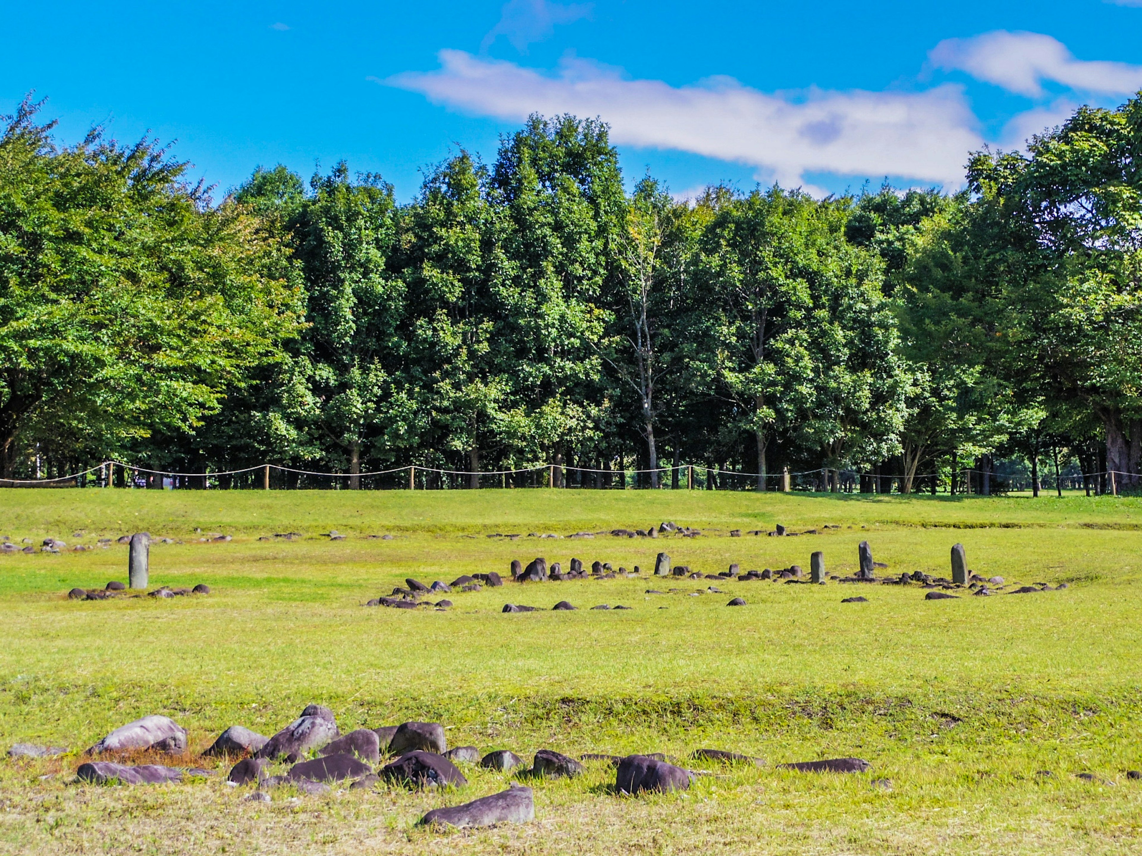 Steinruinen auf einer grünen Wiese unter einem blauen Himmel umgeben von Bäumen