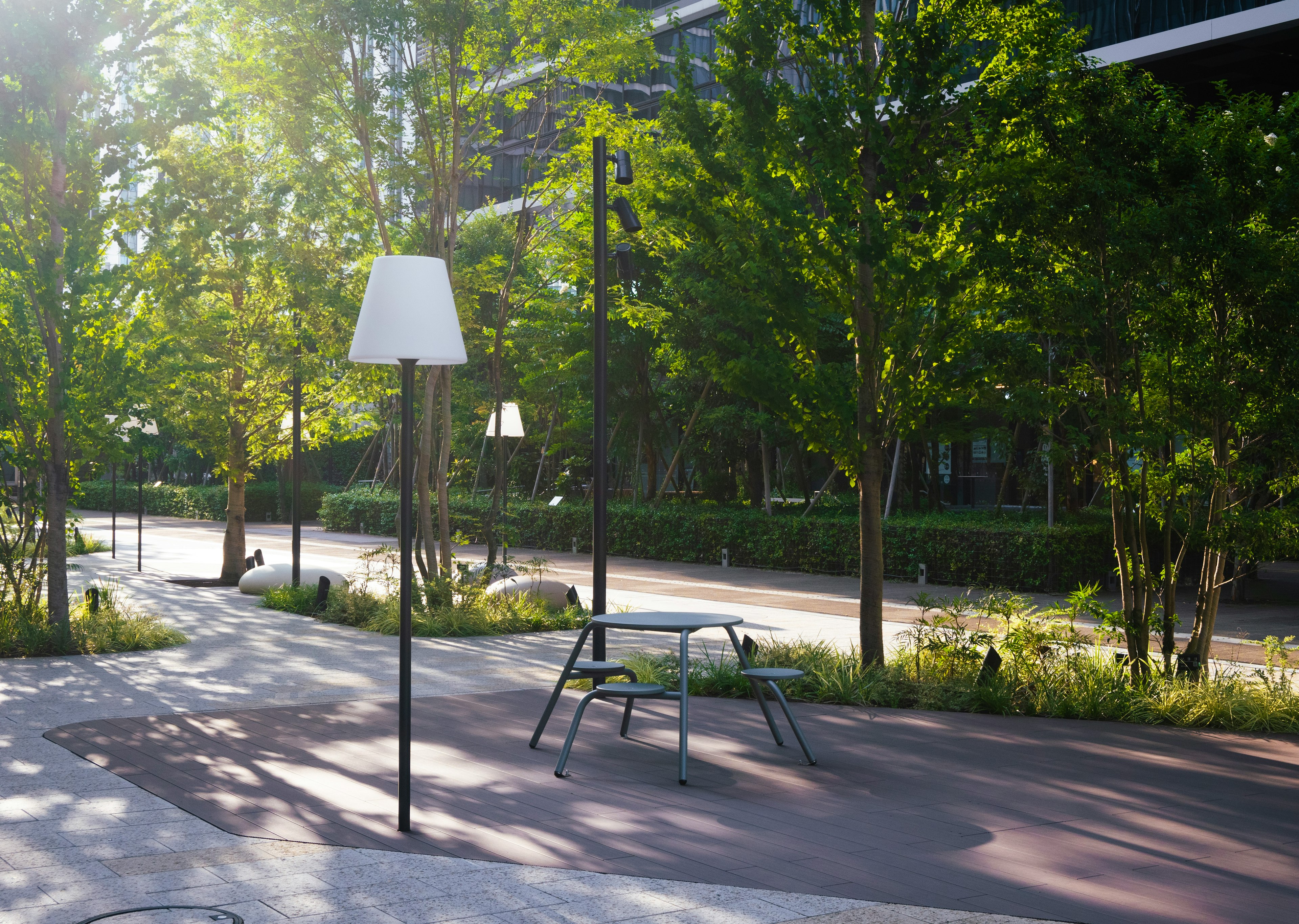 Un'area del parco serena con vegetazione e una lampada elegante