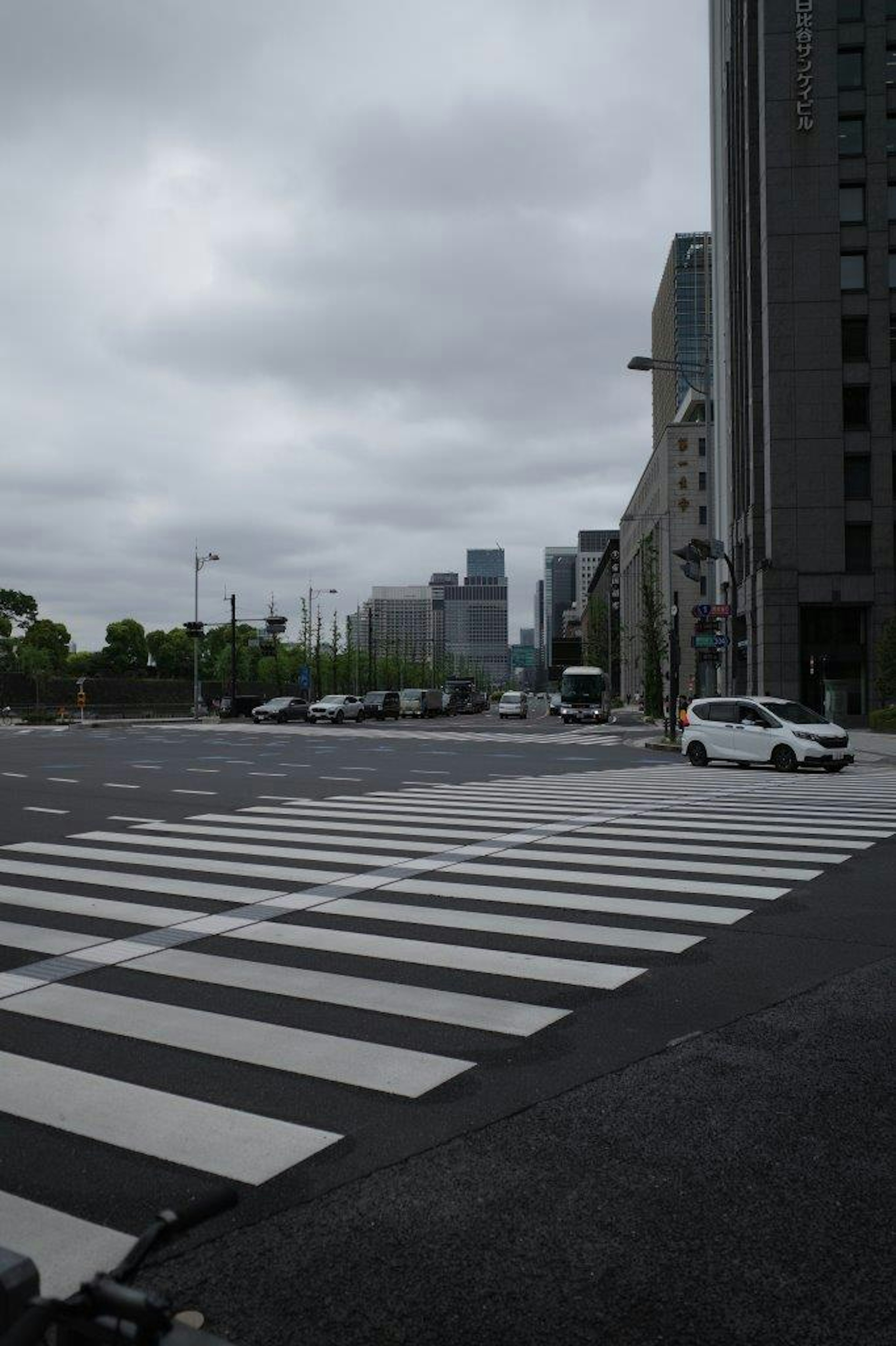 Vista urbana en un día nublado con pasos de peatones blancos