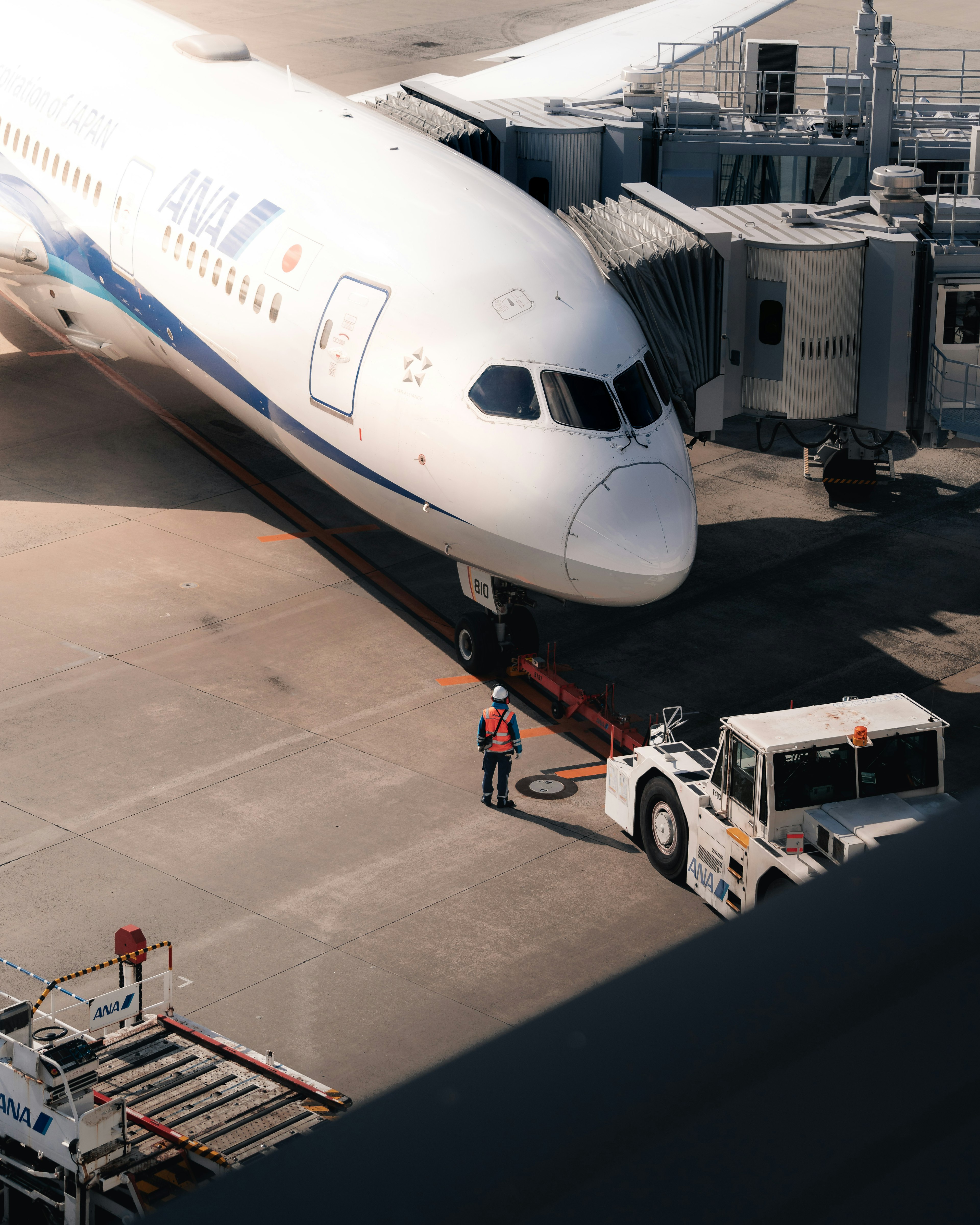 Aereo passeggeri ANA parcheggiato presso il terminal dell'aeroporto con veicolo di assistenza a terra