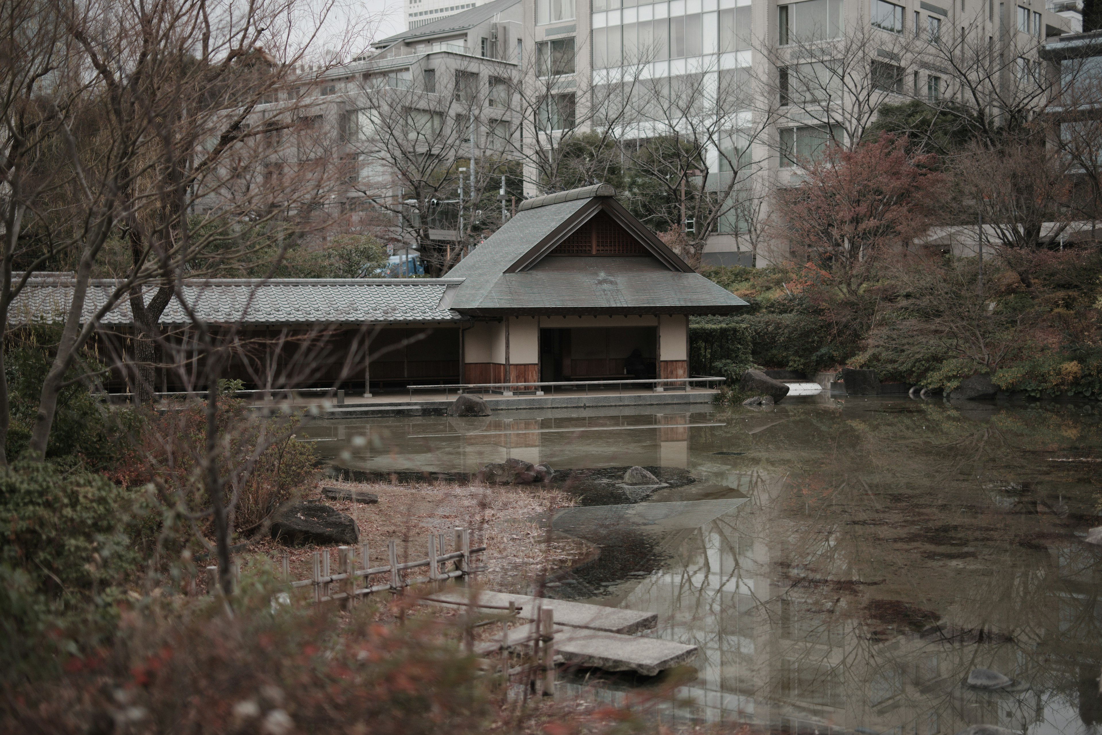 Serene pond with traditional building in an urban setting