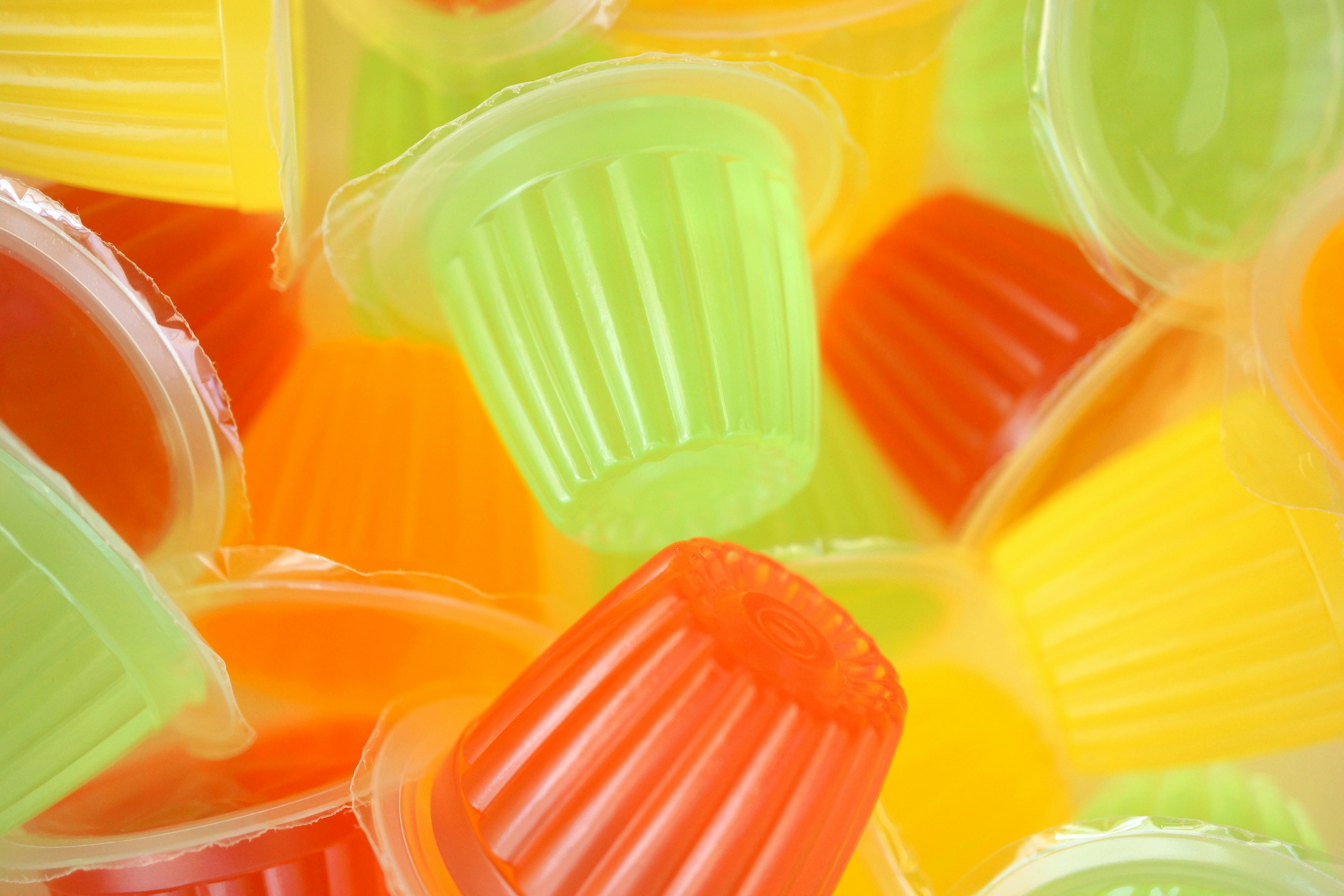 Colorful jelly cups stacked together