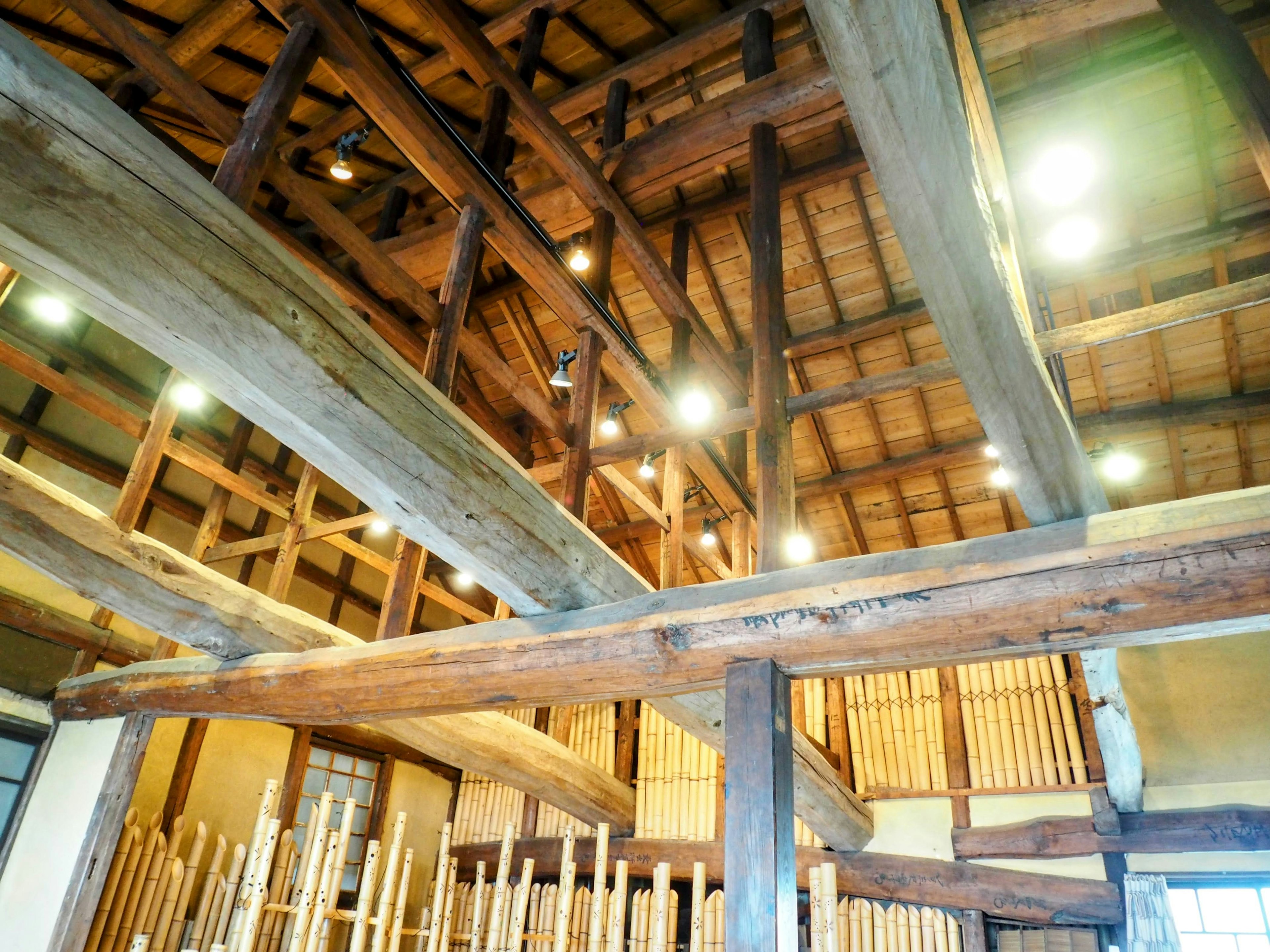 Interior view featuring impressive wooden beams and ceiling