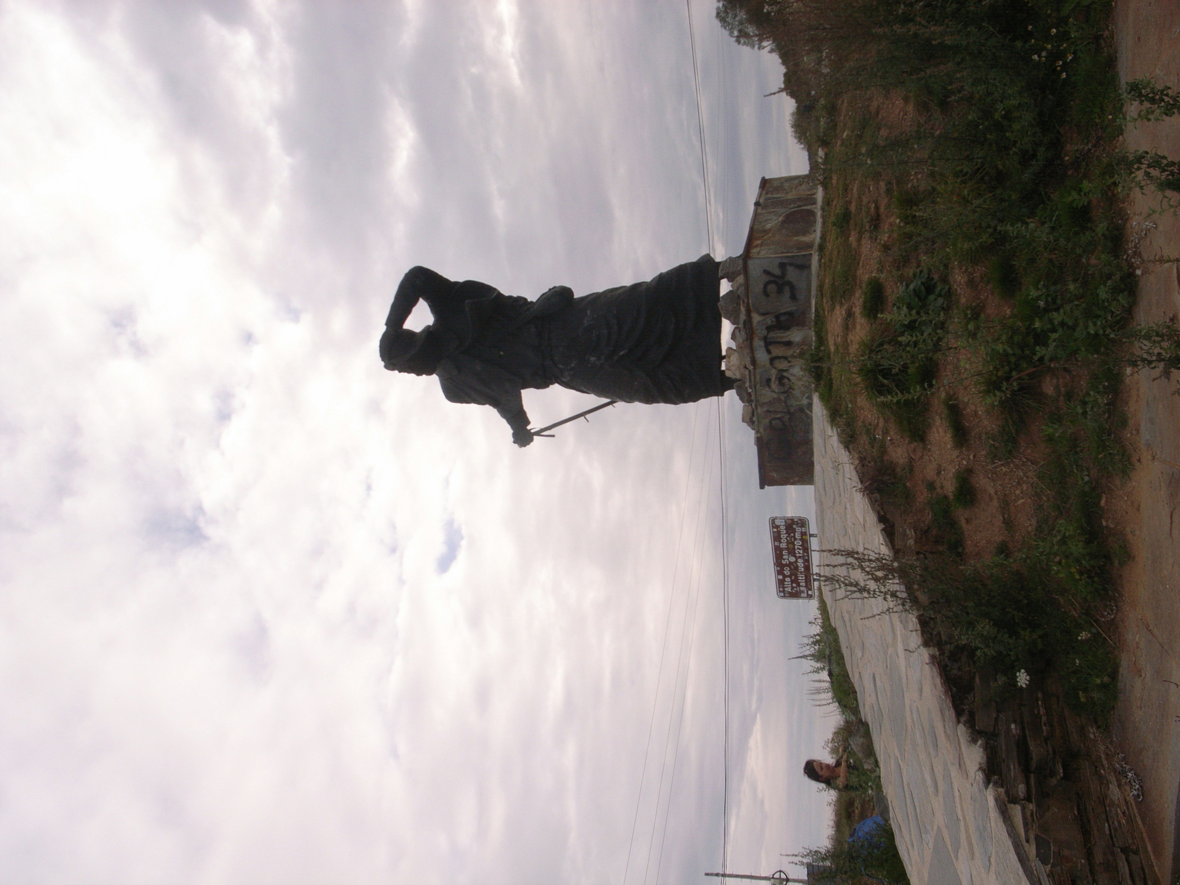 Une statue noire se tient regardant le ciel contre un fond nuageux