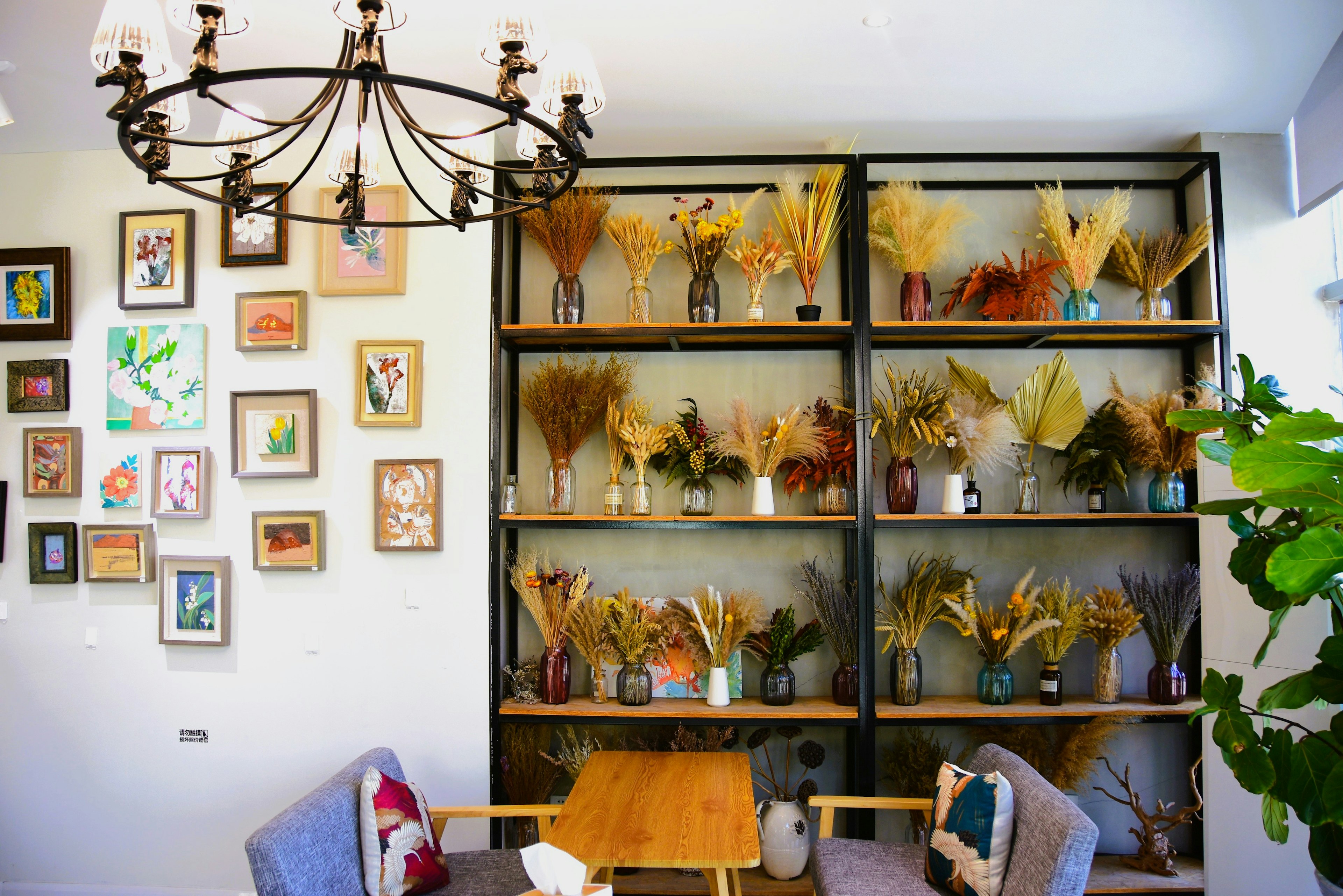 Modern café interior with art on the wall and shelves displaying dried flowers in vases