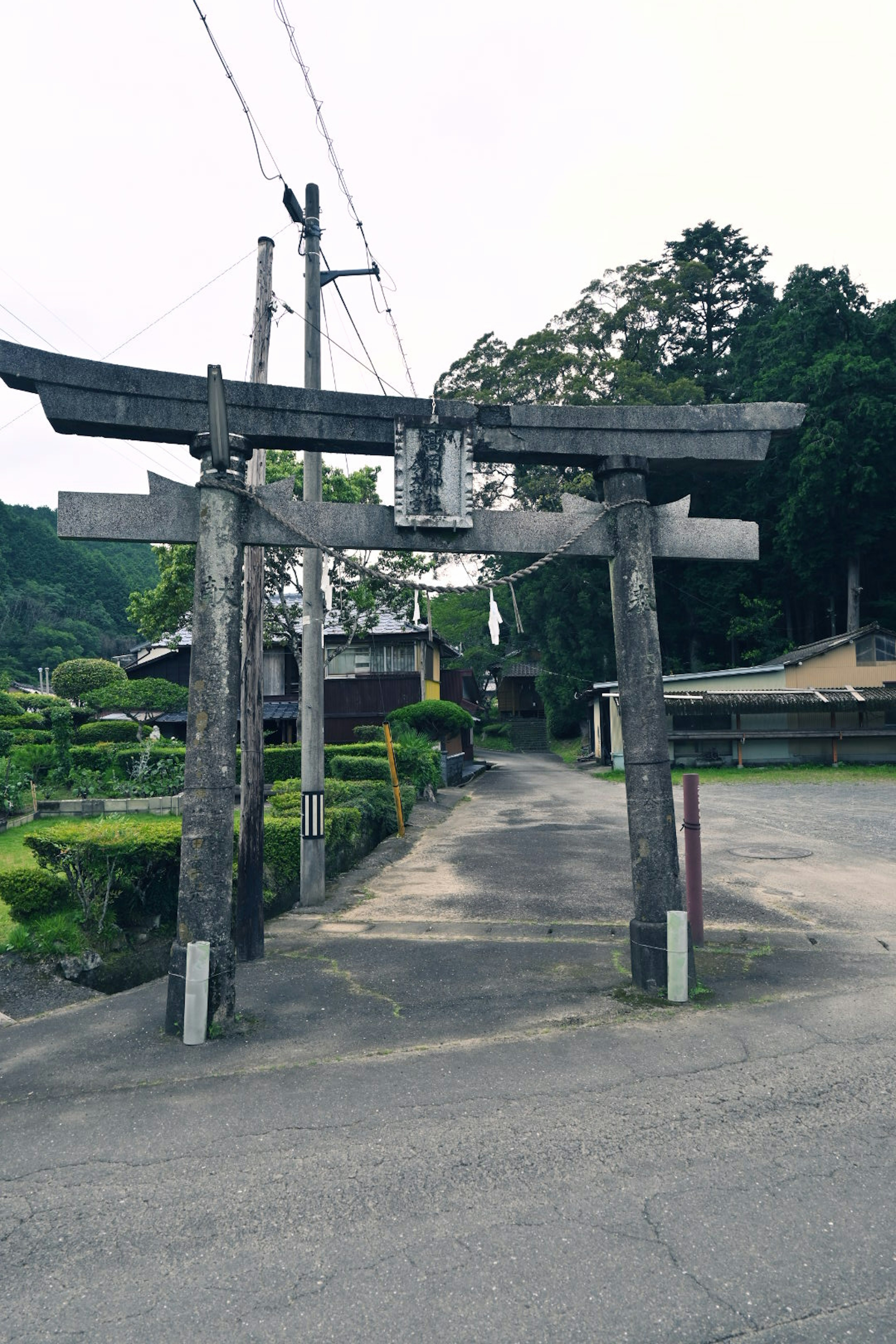 ทิวทัศน์ที่เงียบสงบของประตูโทริอิไม้เก่า沿ทางที่เงียบสงบ