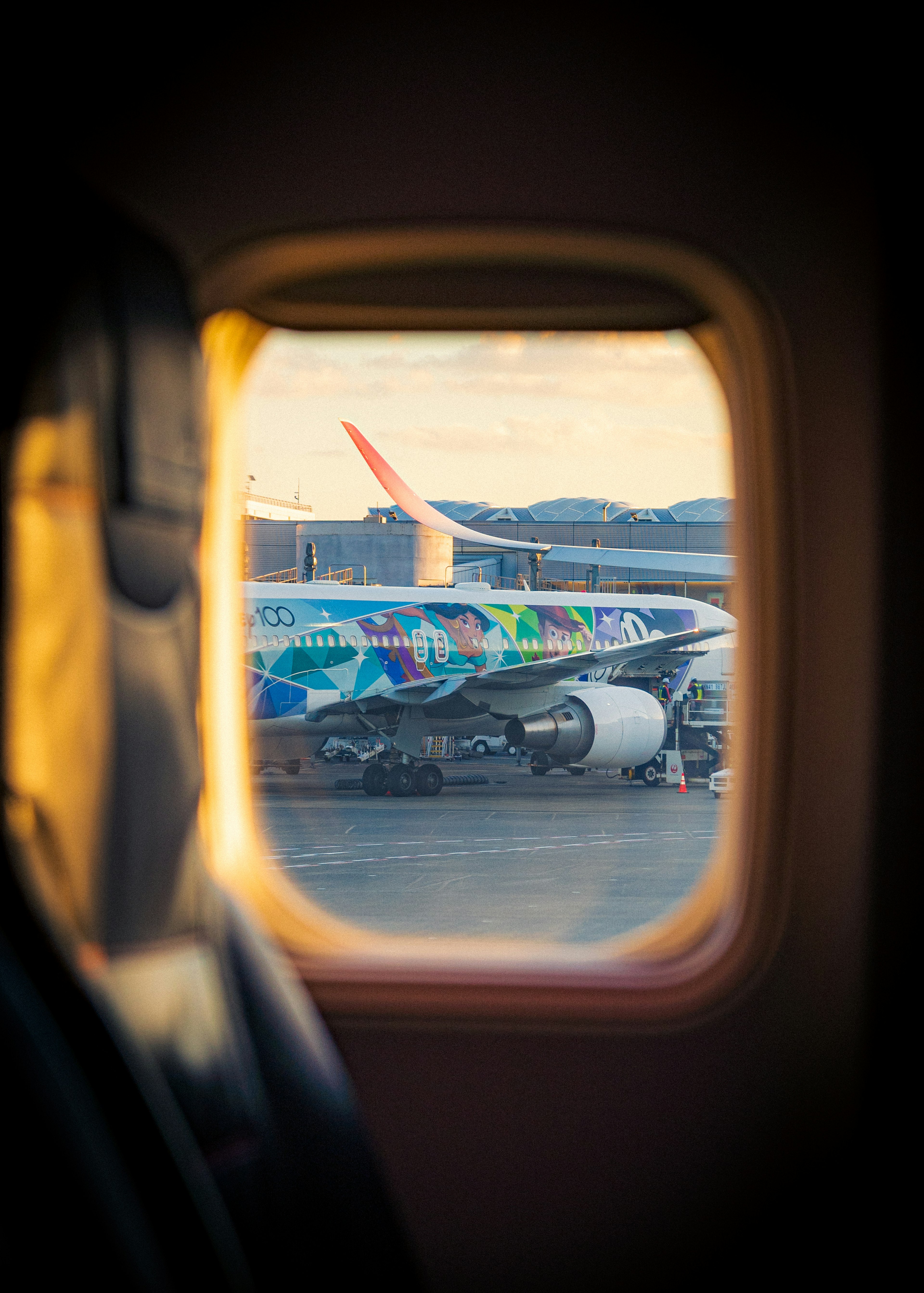 窓から見えるカラフルな塗装の飛行機と空港の景色