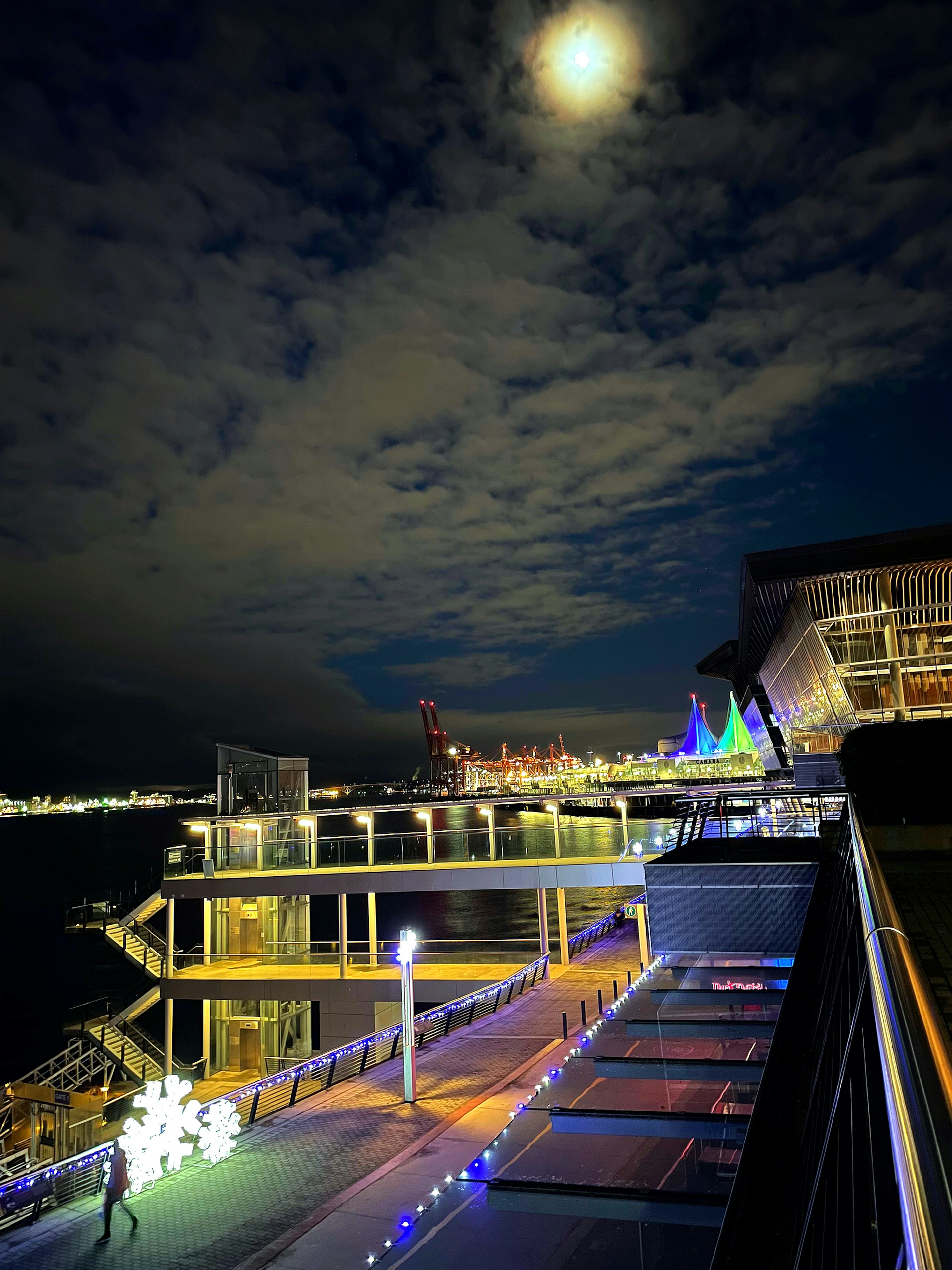 Night waterfront scene featuring a full moon and colorful lights