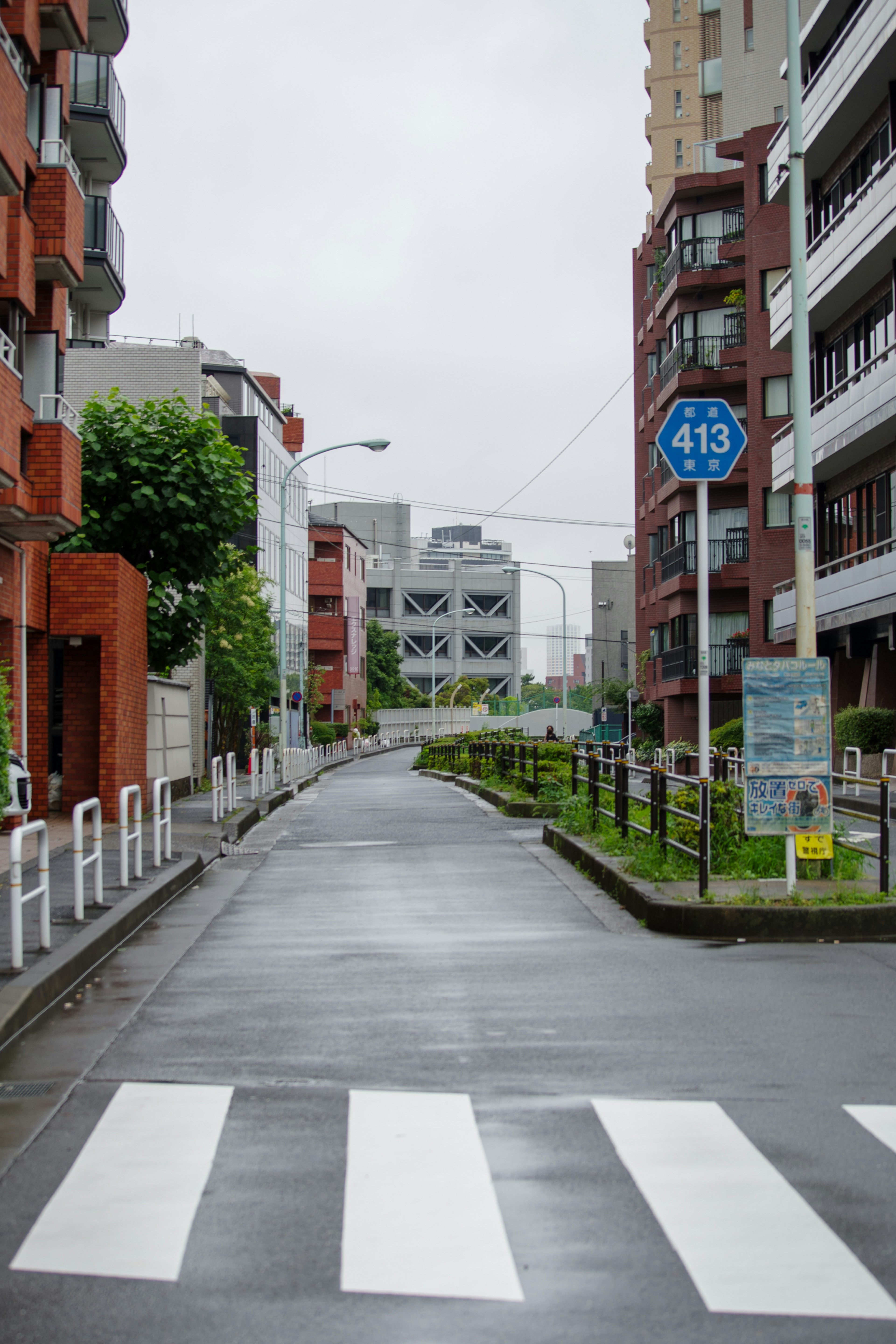 静かな街の風景で、横断歩道と周囲の建物が見える