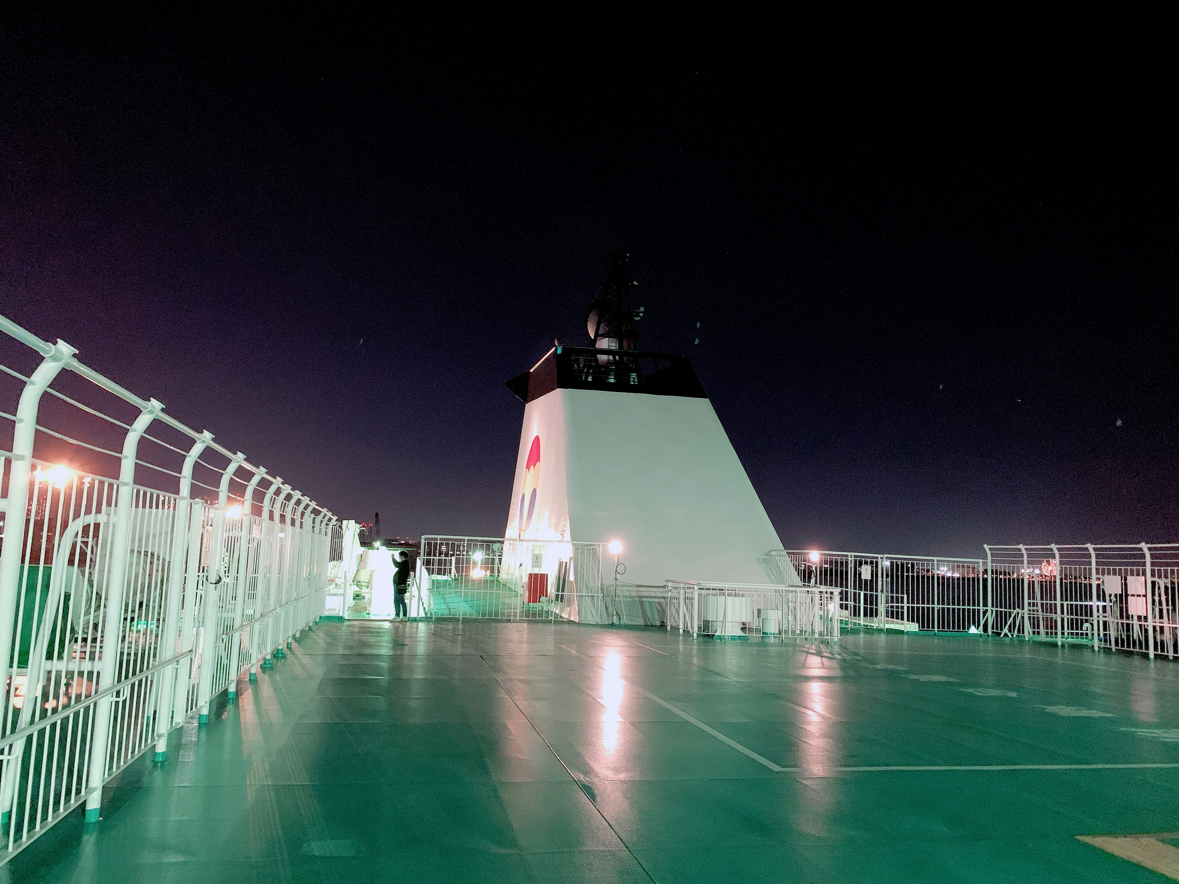 Deck of a ship at night with green lighting