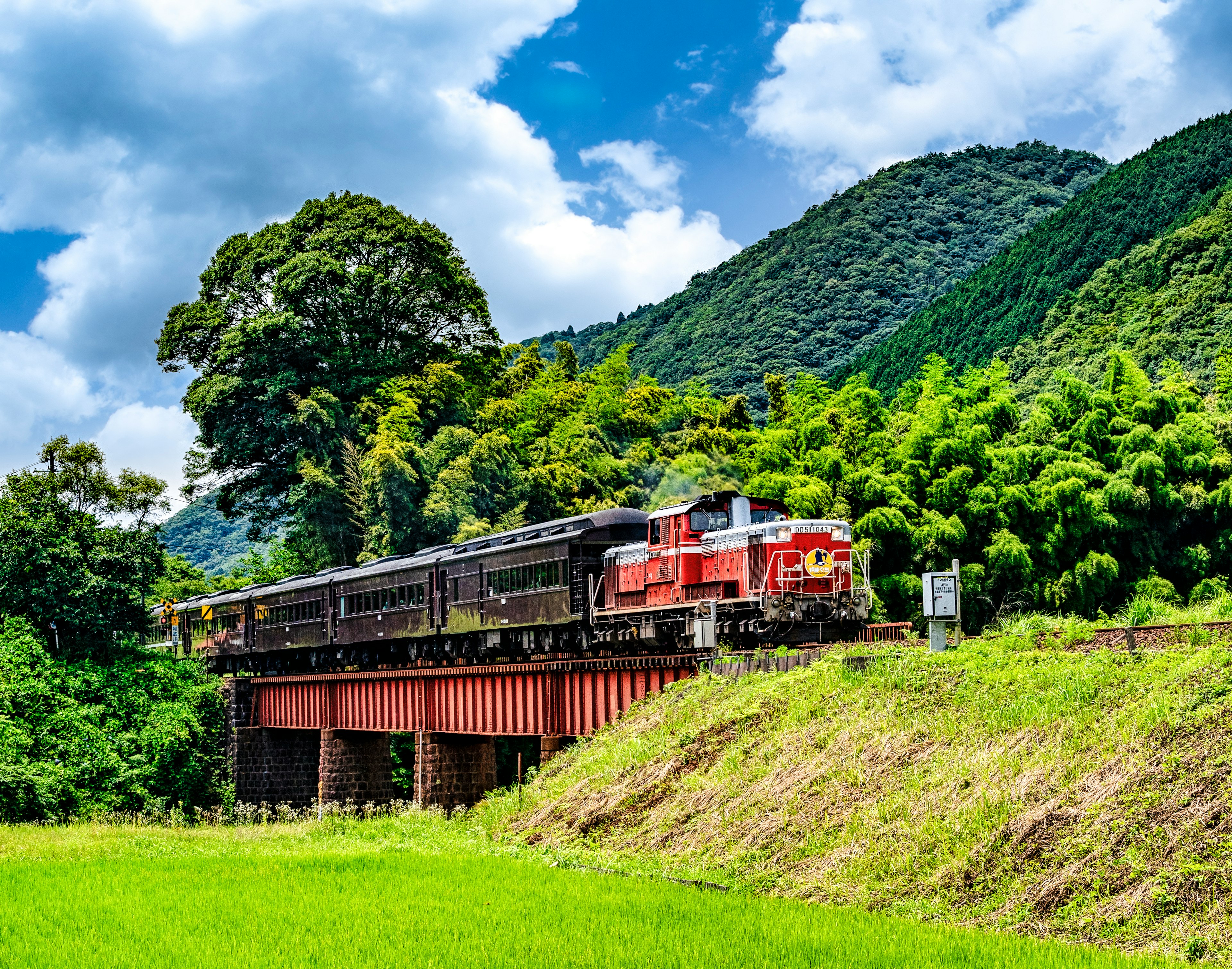 Un tren rojo cruzando un puente rodeado de montañas verdes y bambú