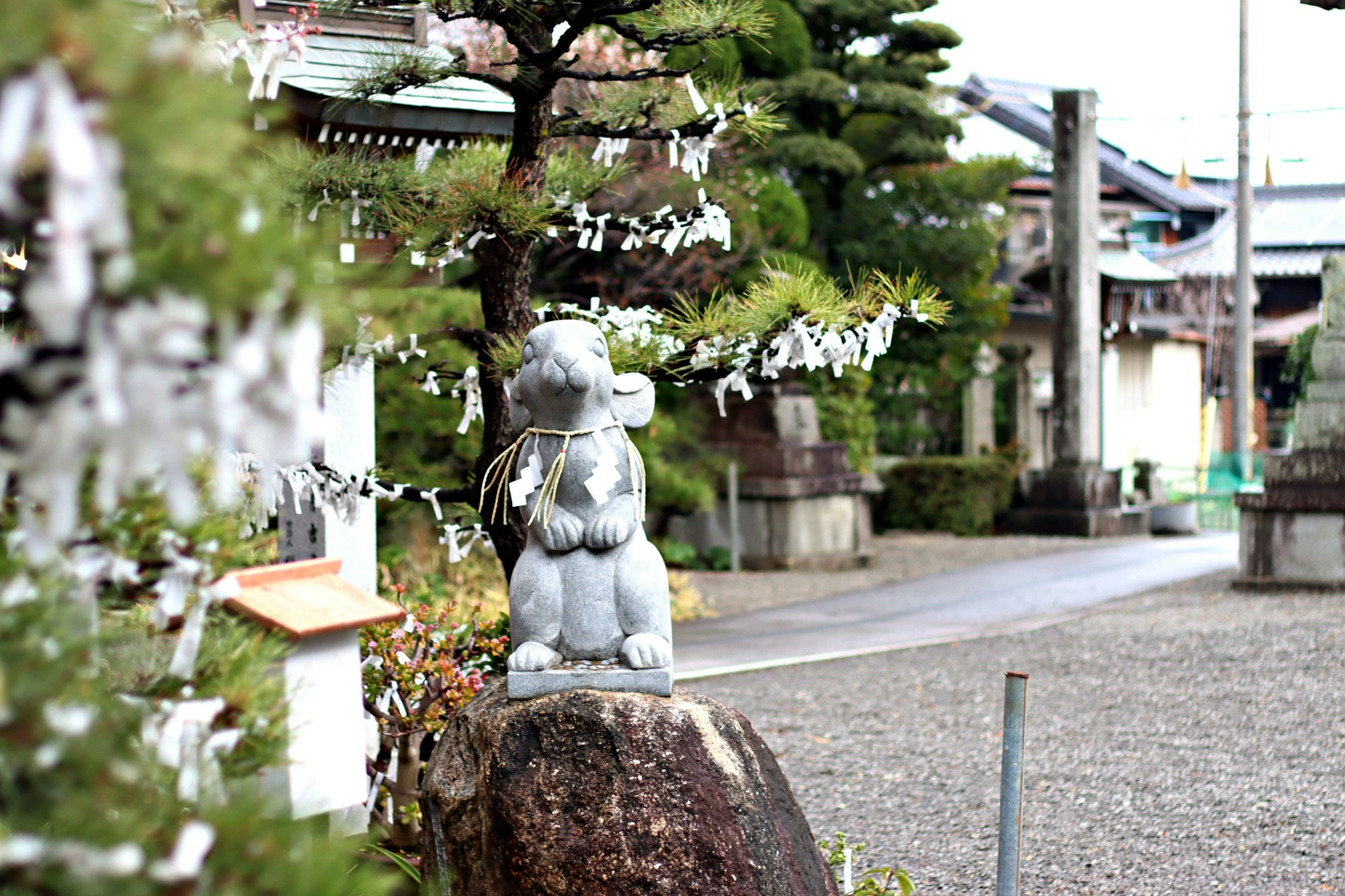 Primo piano di una statua di animale in pietra in un santuario con alberi verdi e omikuji bianchi