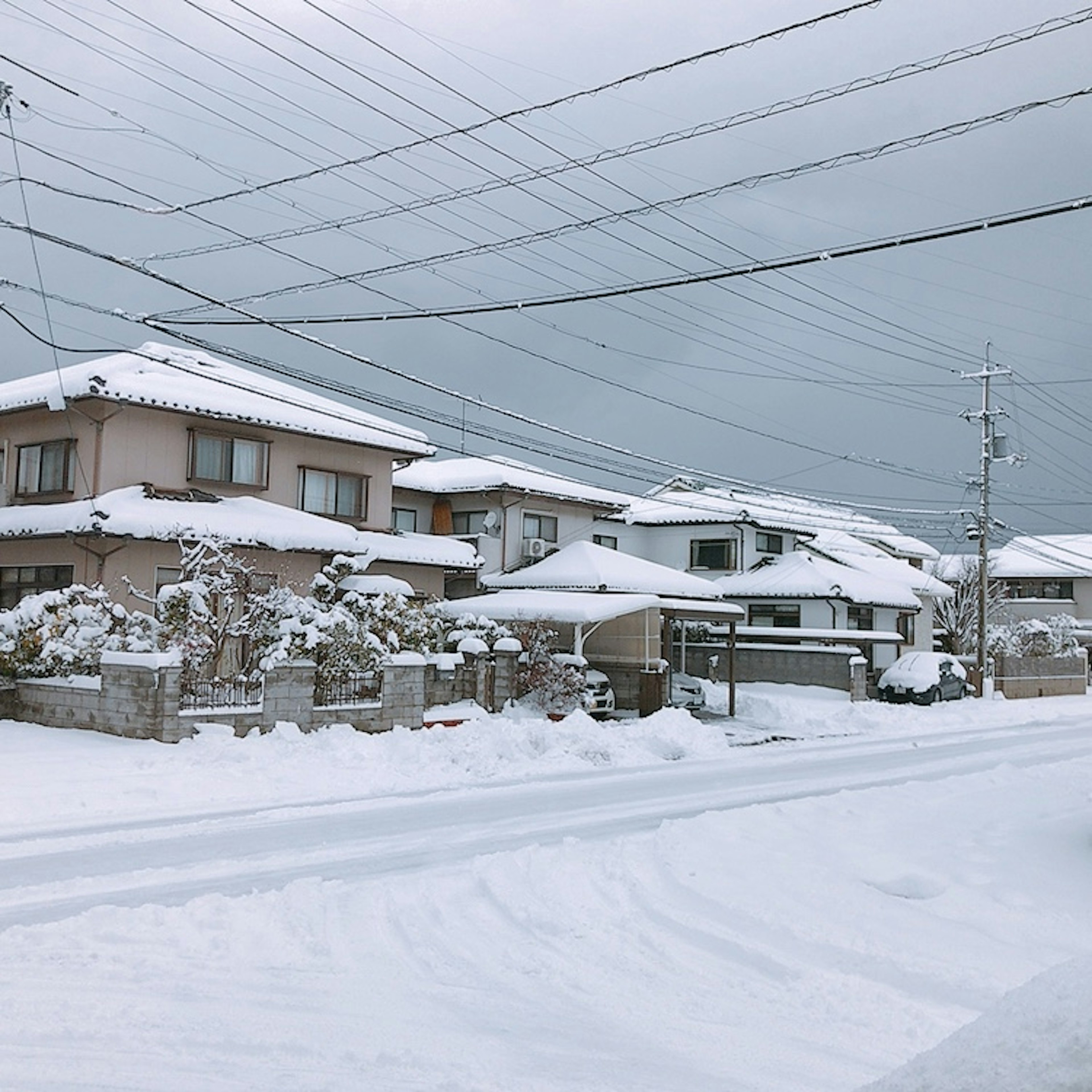 Snow-covered residential street scene under a gray sky with power lines