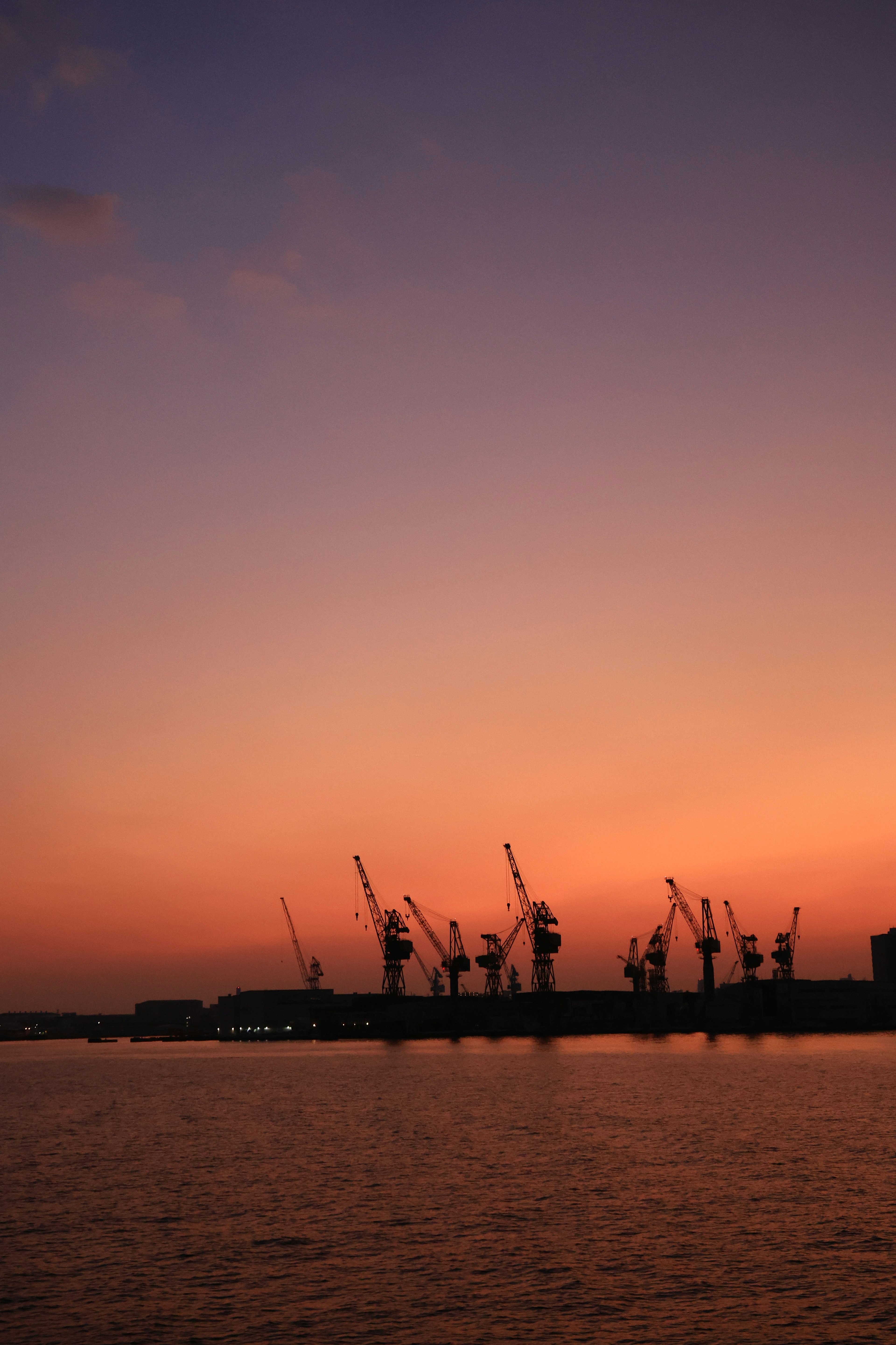 Silhouette of cranes against a sunset at a harbor