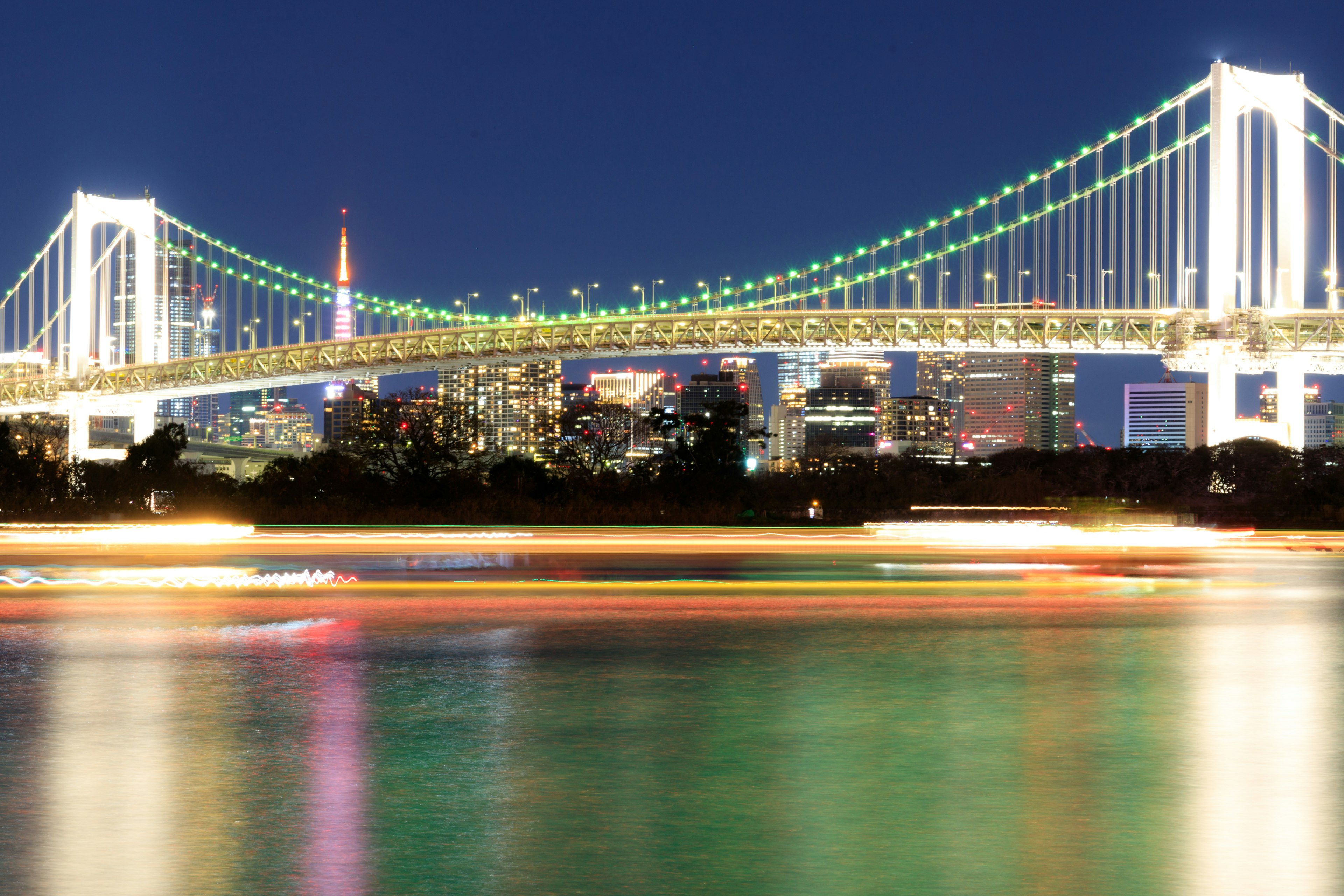 Nachtansicht der Rainbow Bridge mit der Skyline von Tokio im Hintergrund