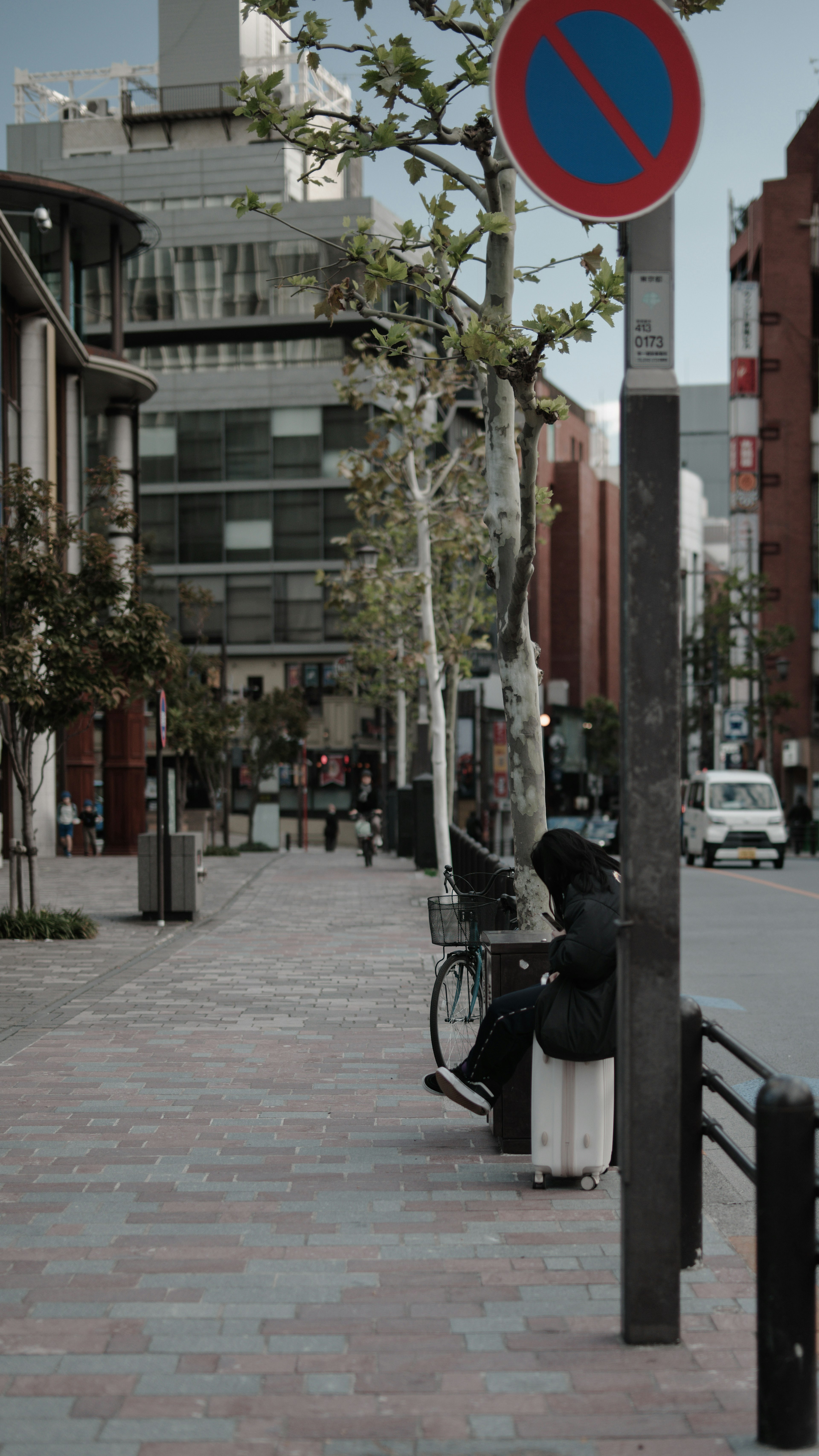 A person sitting on a street bench with a bicycle nearby trees lining the sidewalk and buildings in the background