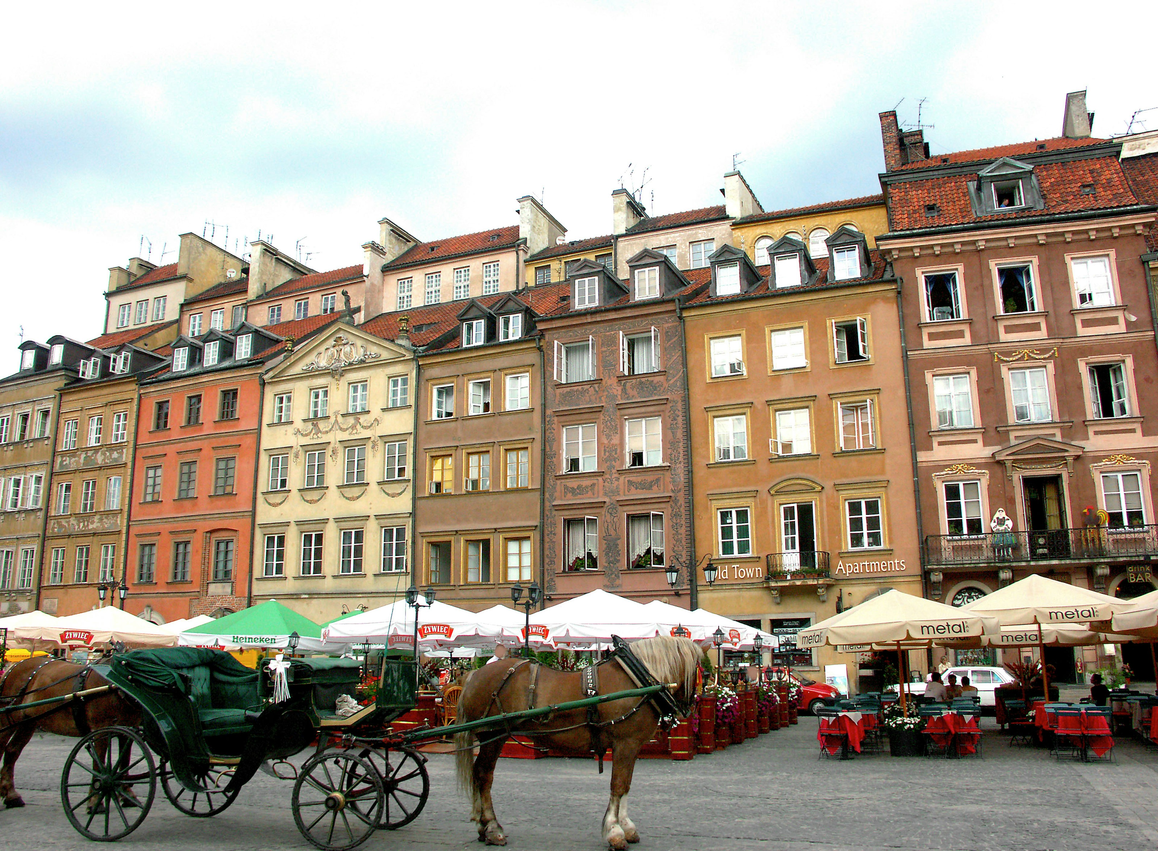 Colorful buildings and horse-drawn carriage in Warsaw's Old Town