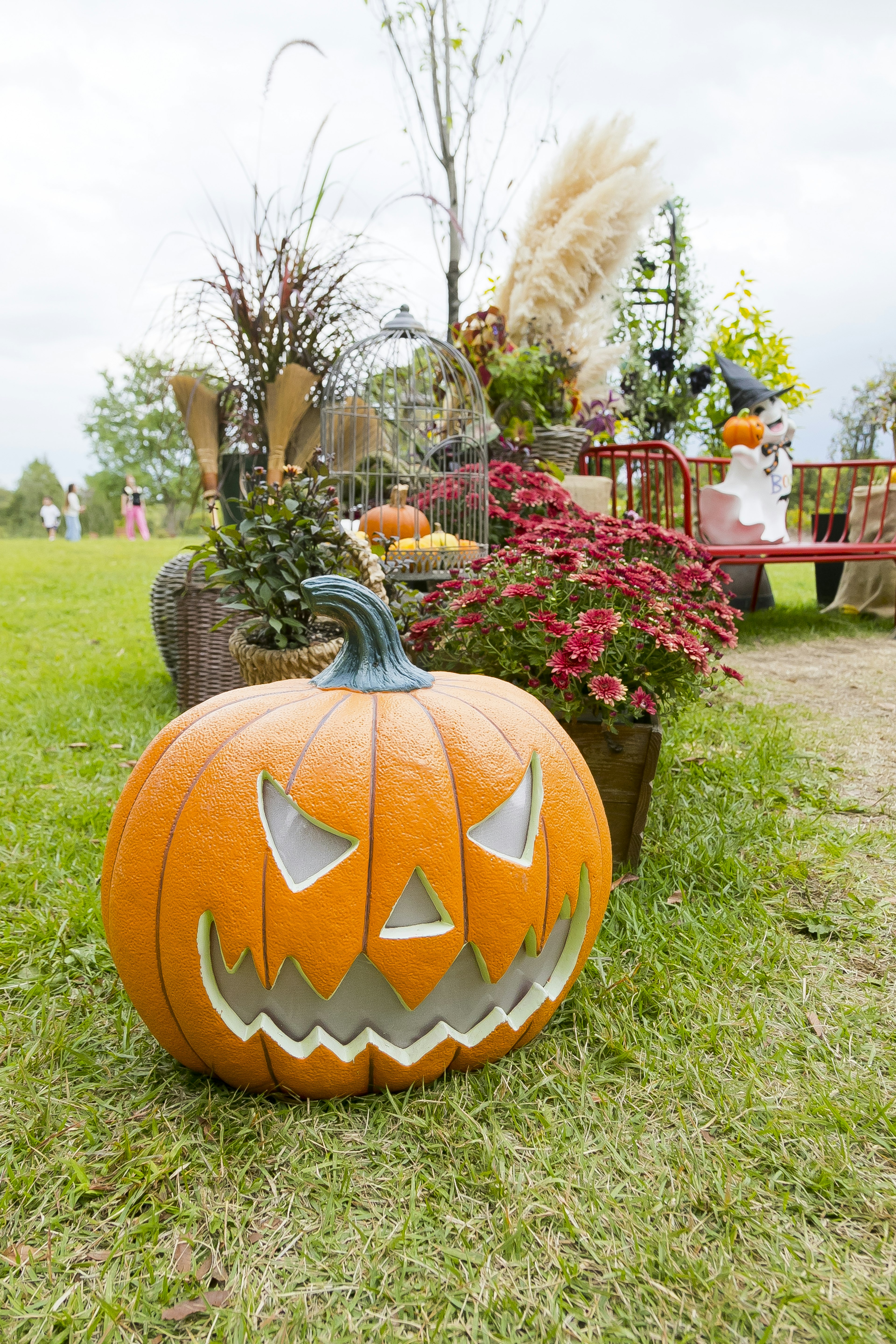 Halloween-Kürbis auf dem Gras mit Blumen und Dekorationen in der Nähe