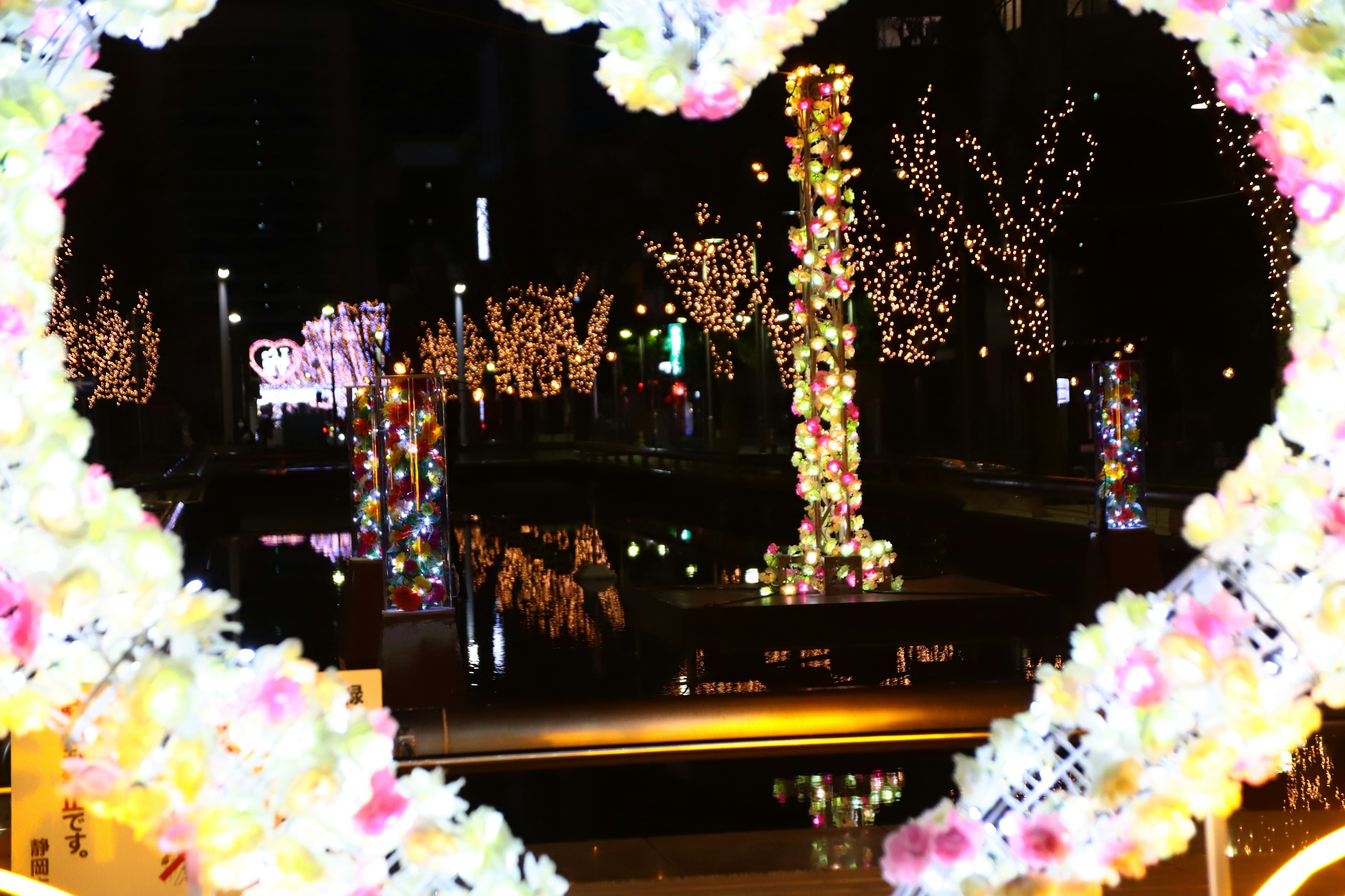 Cadre en forme de cœur montrant des arbres illuminés et des décorations colorées dans un parc nocturne