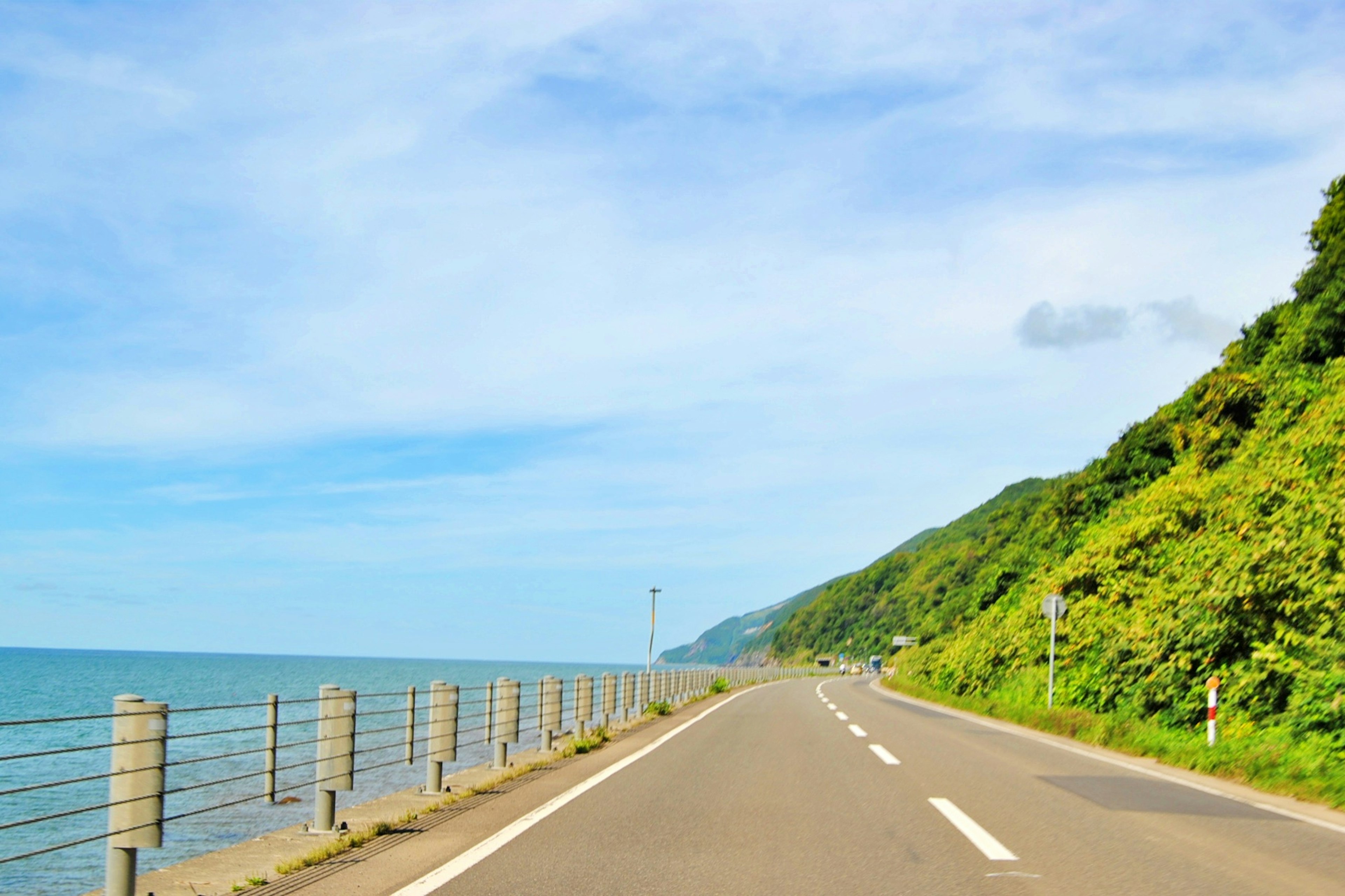 青い海と緑の丘に沿った道路の風景