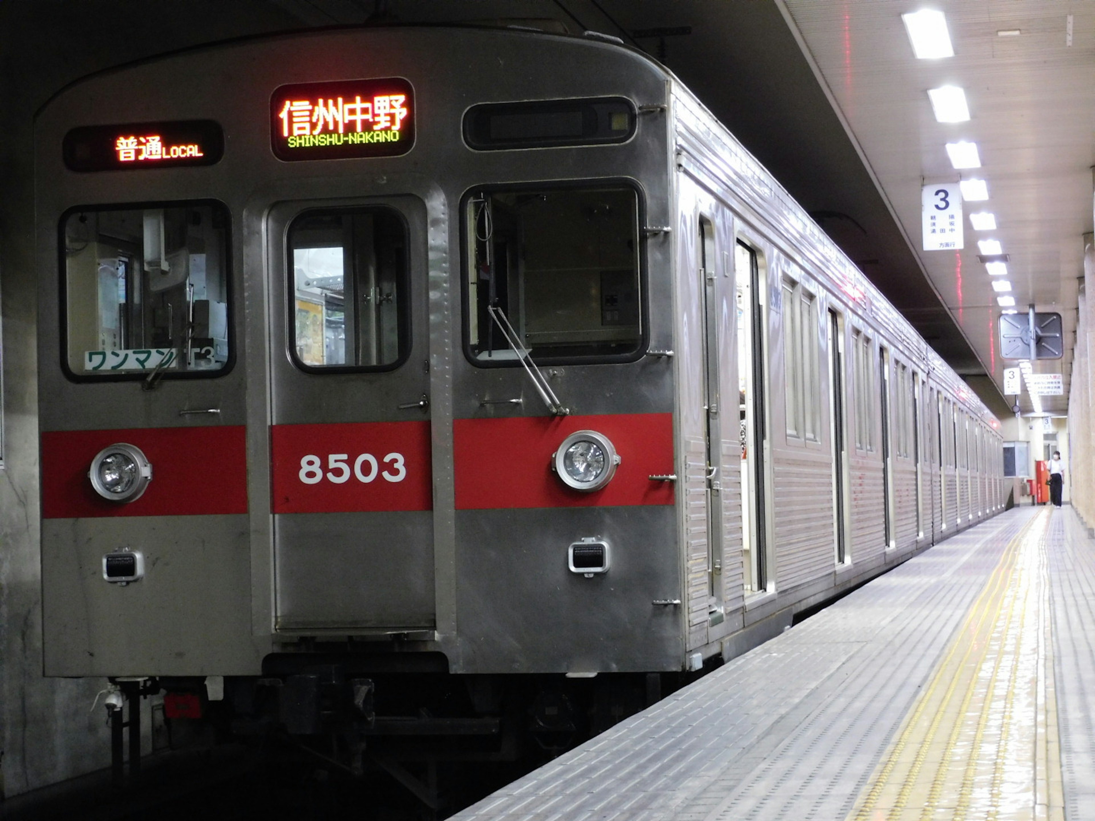 Tren plateado con rayas rojas detenido en la estación