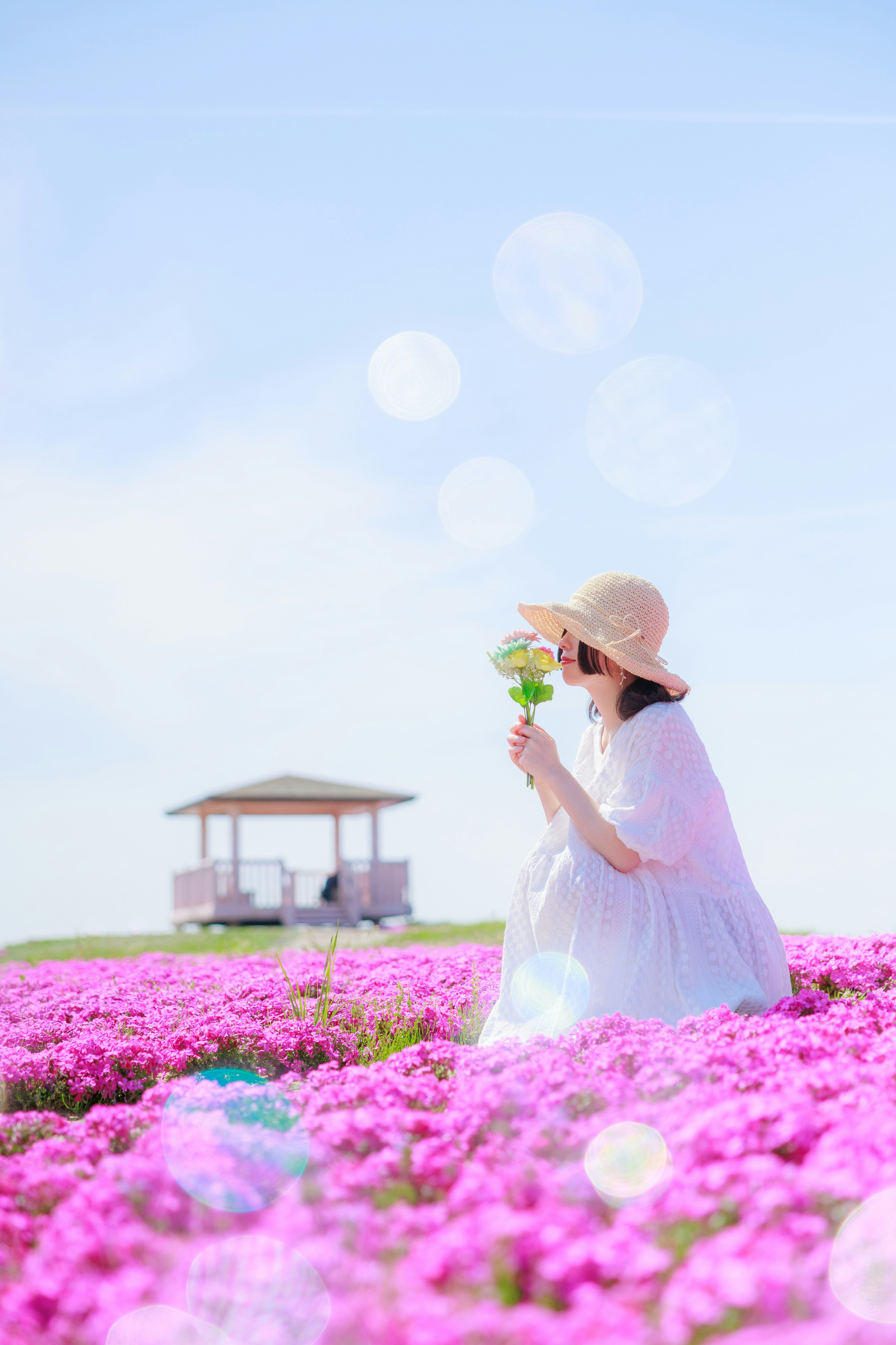 一位女性坐在粉色花田中，戴著帽子，手中拿著花