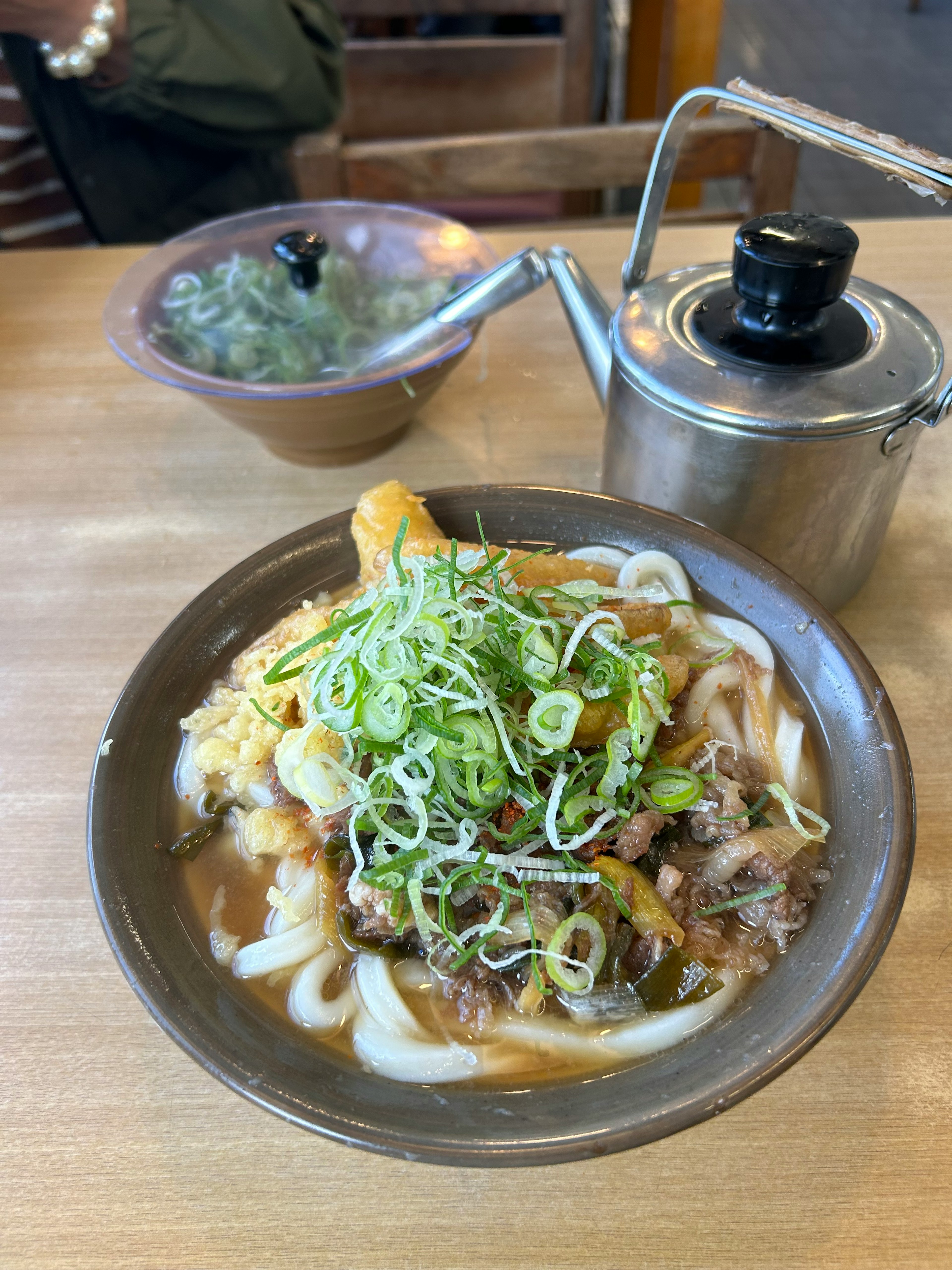 Bowl of udon topped with green onions and various ingredients