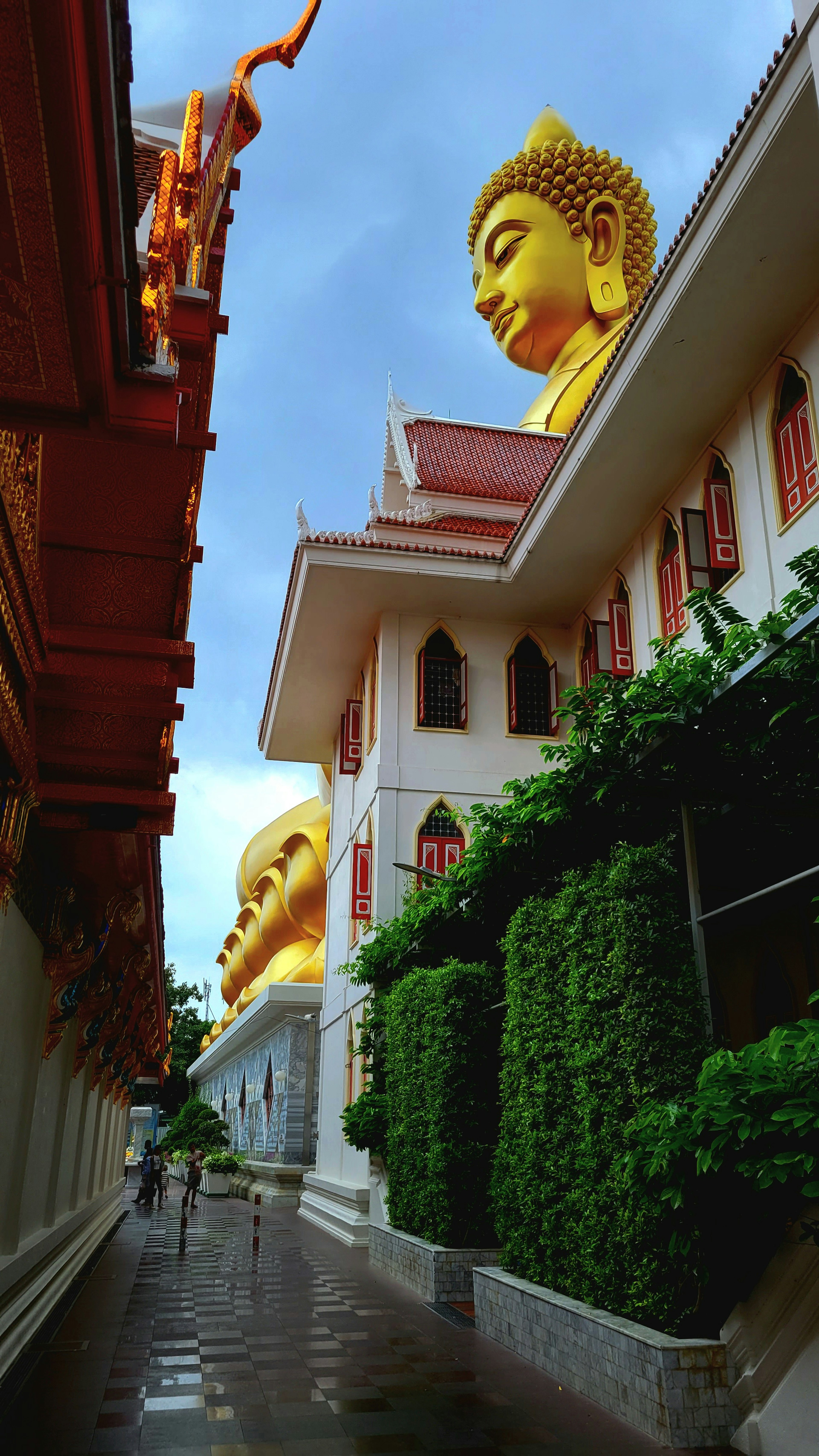 ทางเดินที่มีพระพุทธรูปสีทองอยู่ข้างวัดและพืชพรรณเขียวขจี