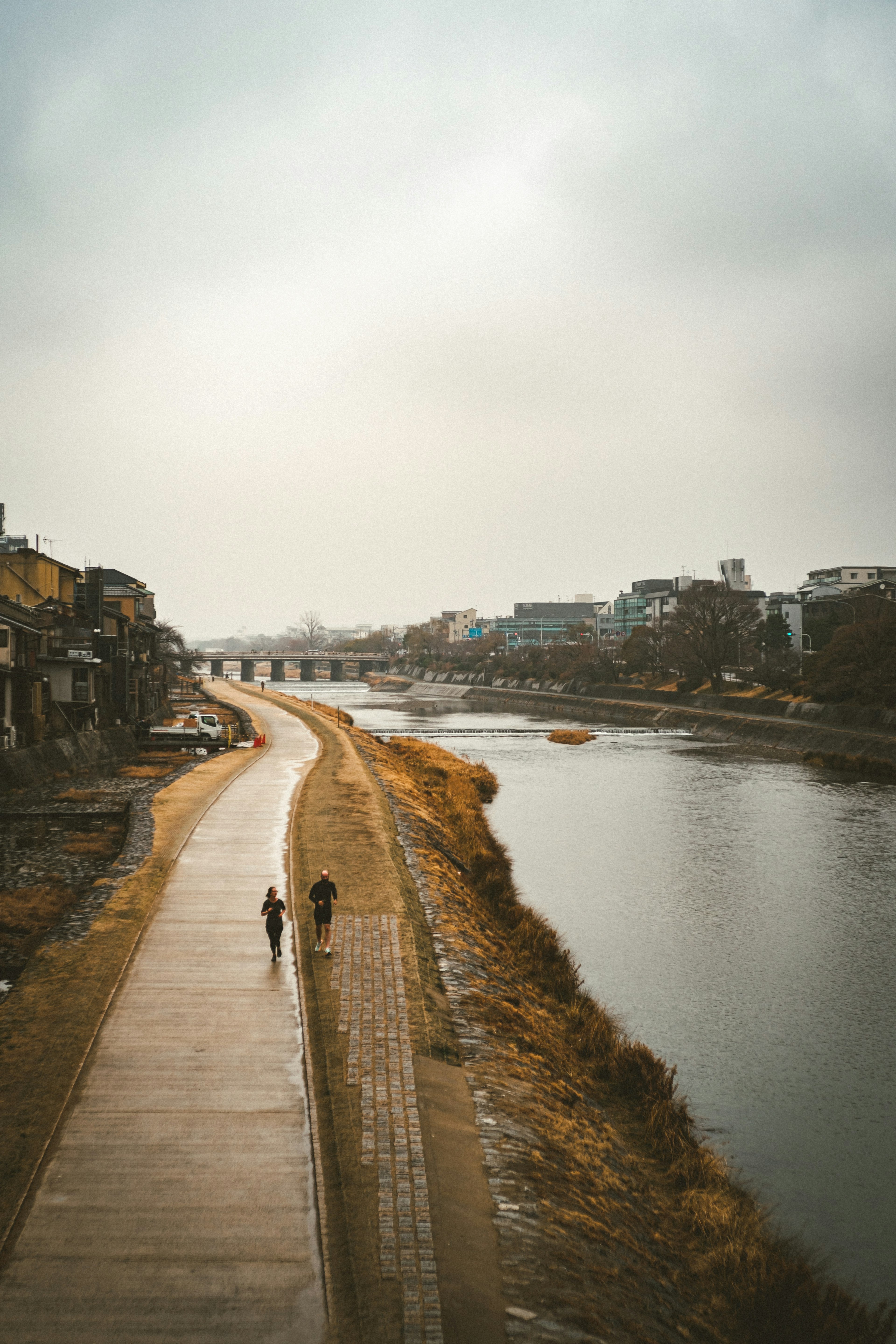 Hình bóng của một người và chó đi dạo bên bờ sông dưới bầu trời nhiều mây