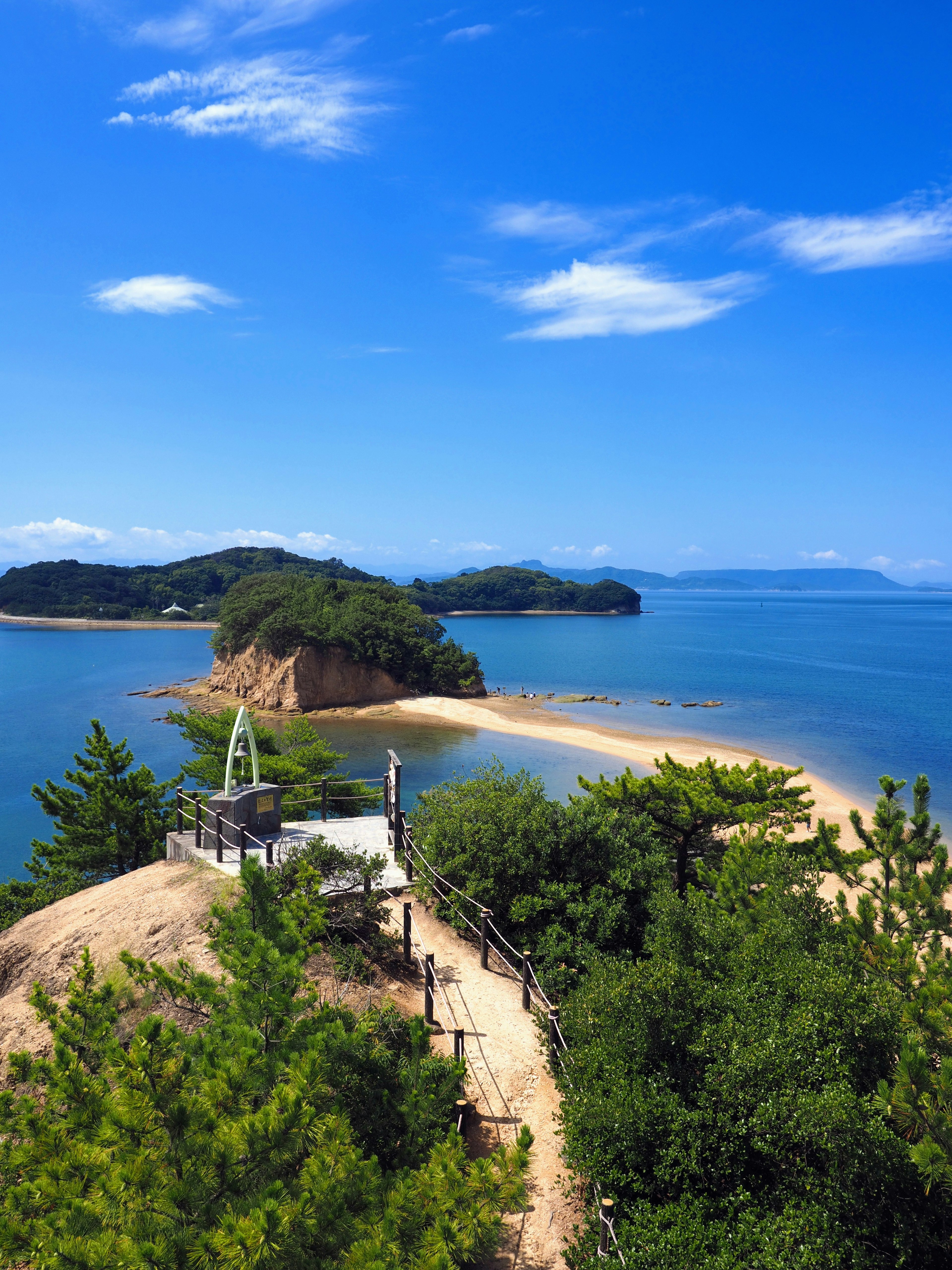 Scenic view of a beautiful island surrounded by blue sky and sea