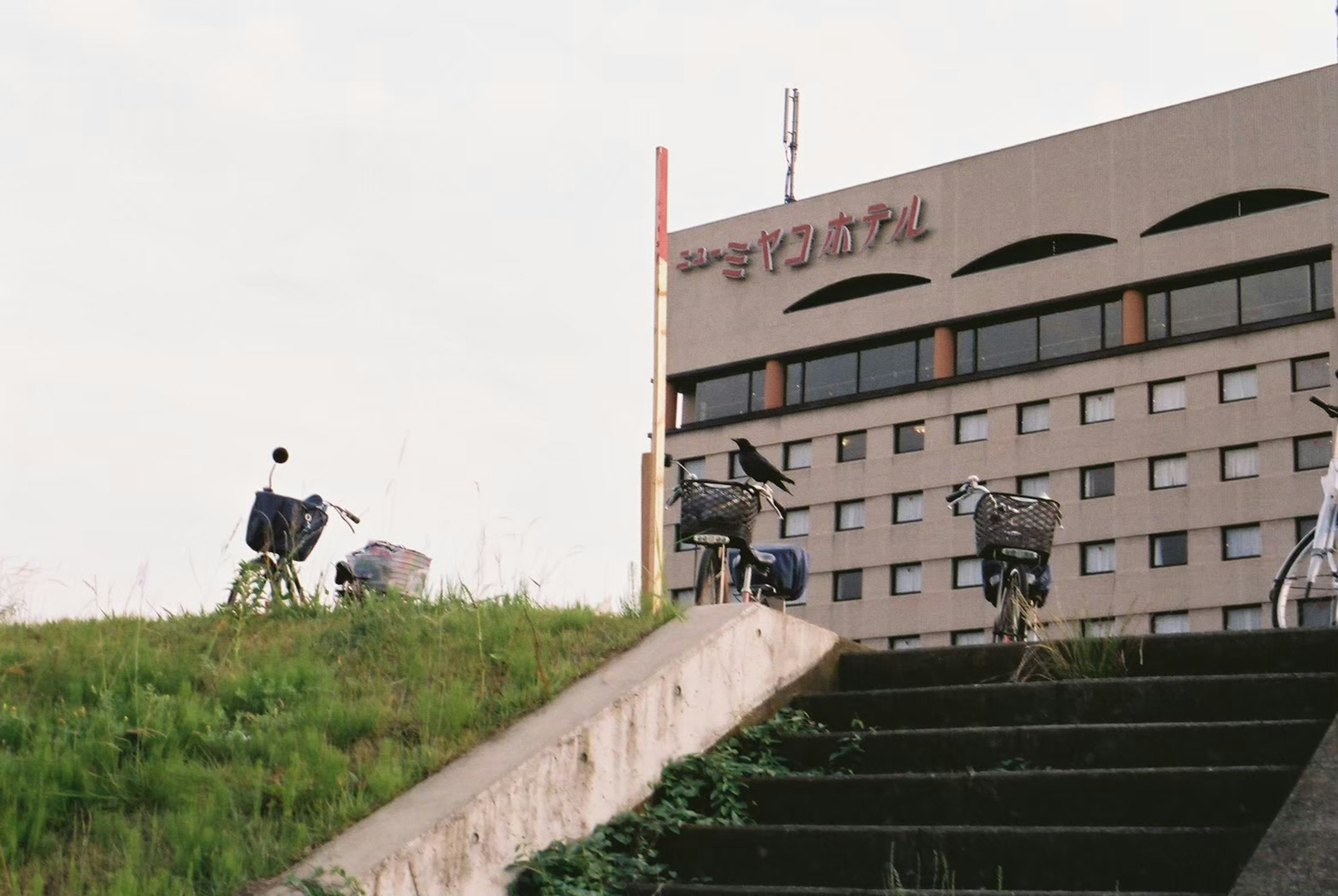 階段の上にある自転車と現代的な建物の風景