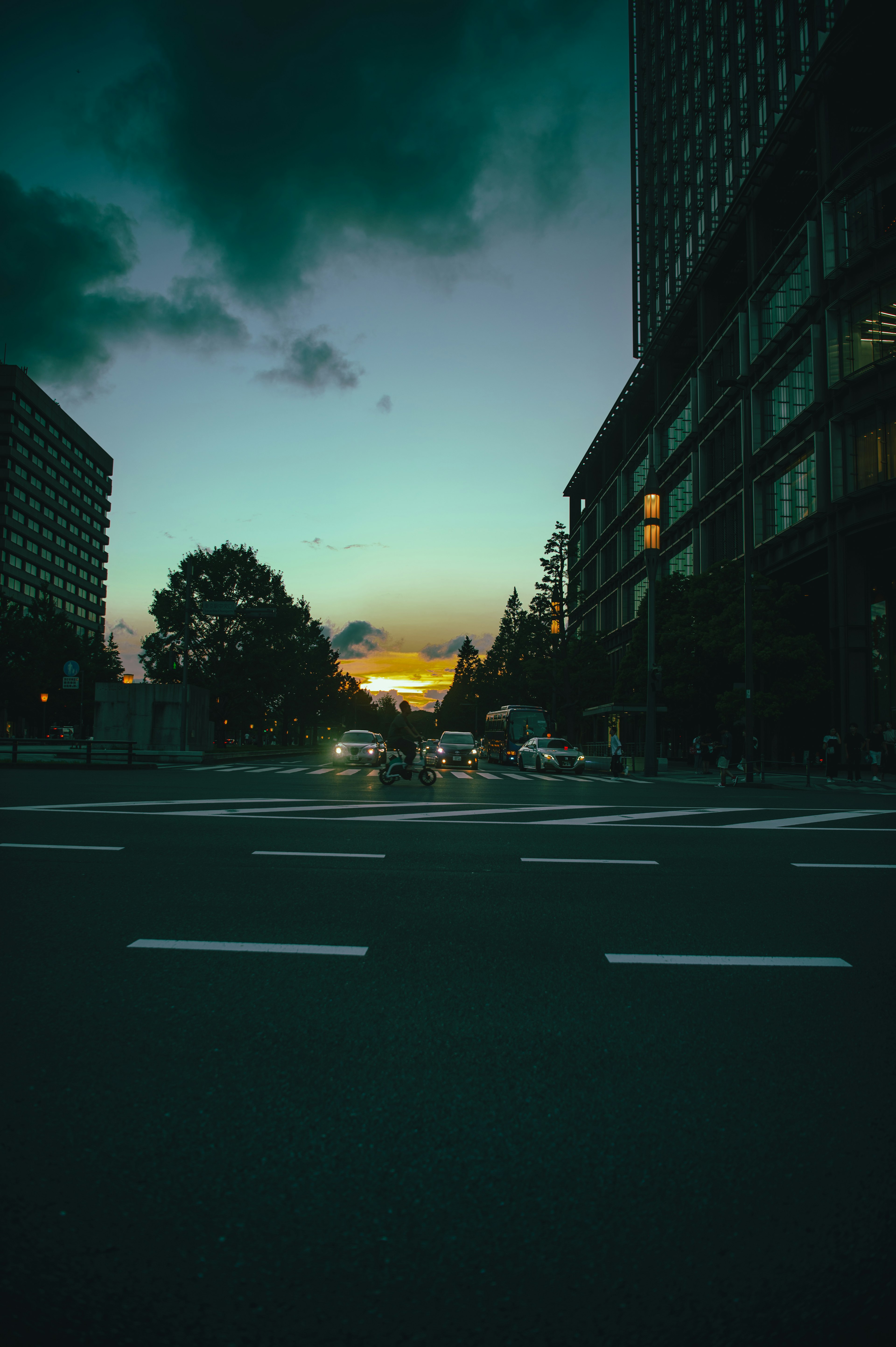 Urban landscape at dusk with building silhouettes