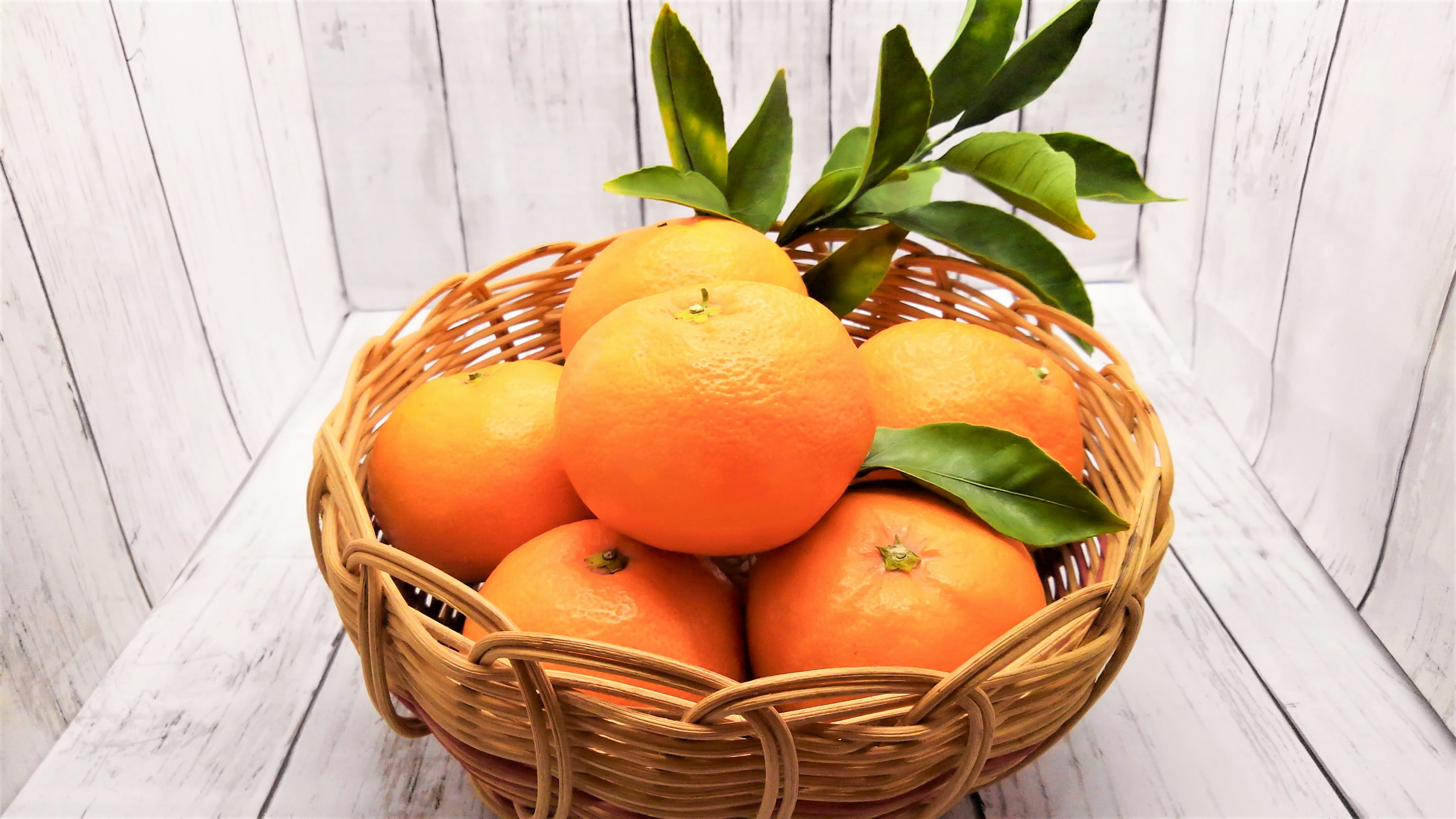 Un panier rempli d'oranges fraîches et de feuilles vertes