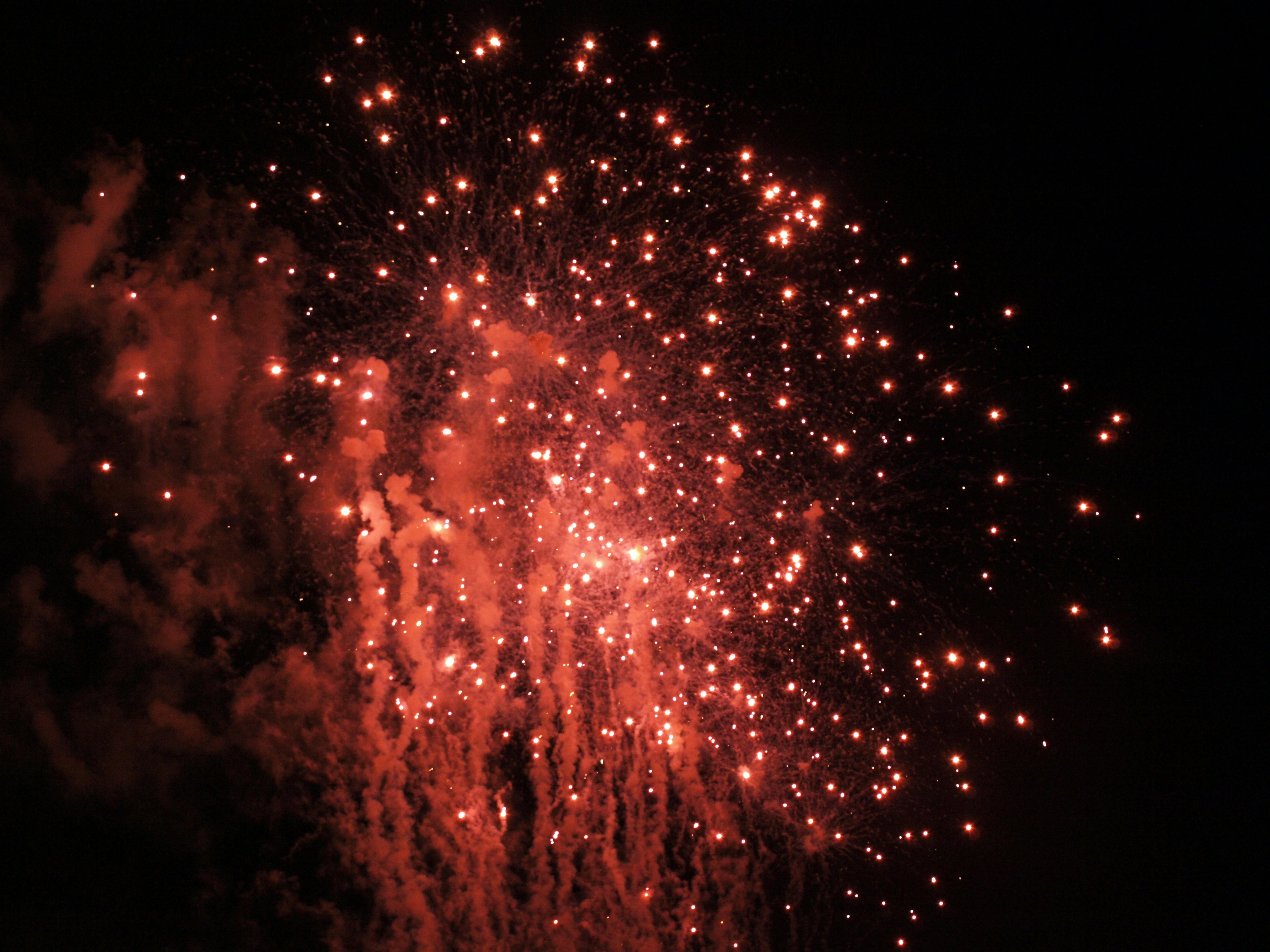 Bellissimo spettacolo di fuochi d'artificio rossi nel cielo notturno