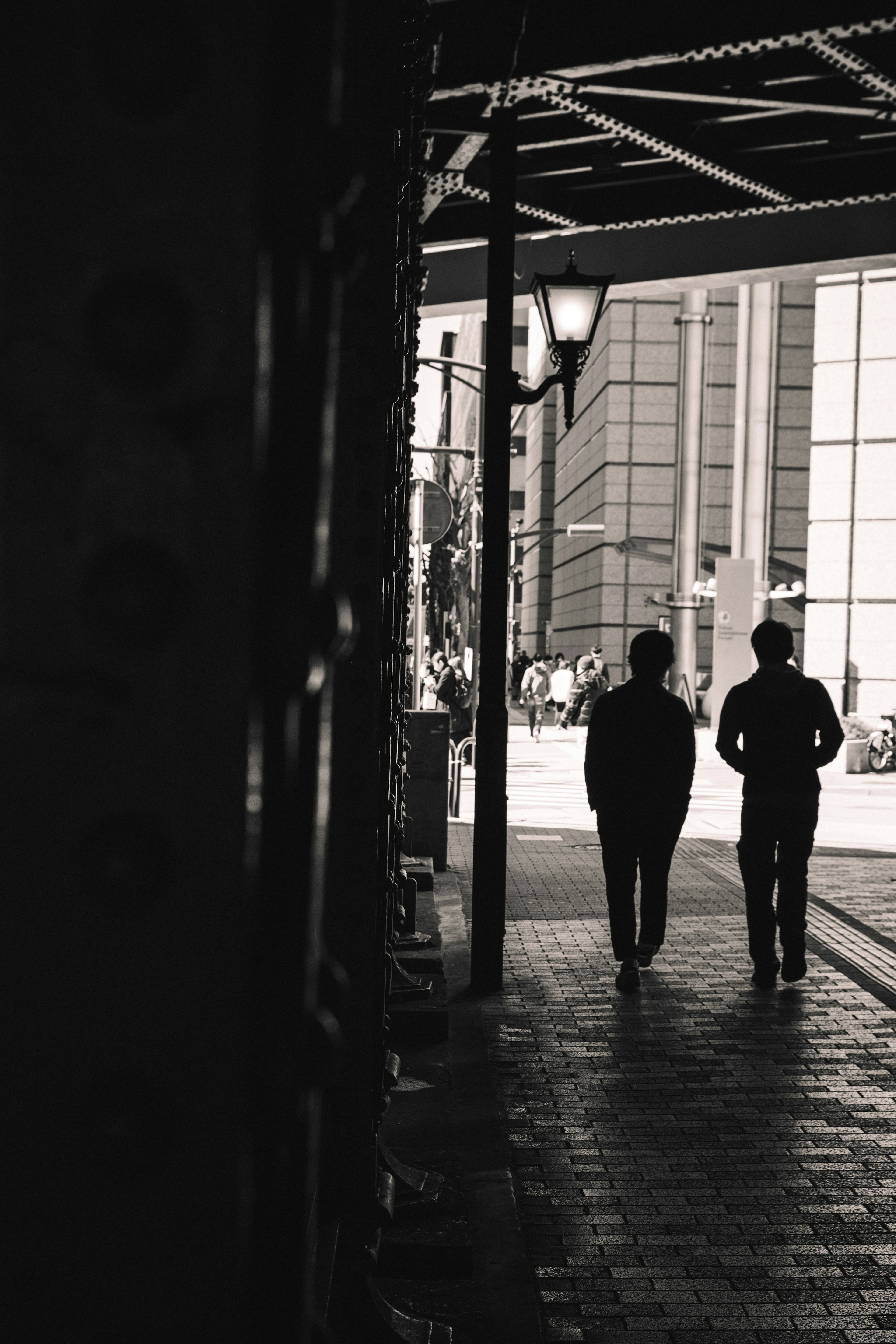 Two men walking in shadows along a monochrome urban street