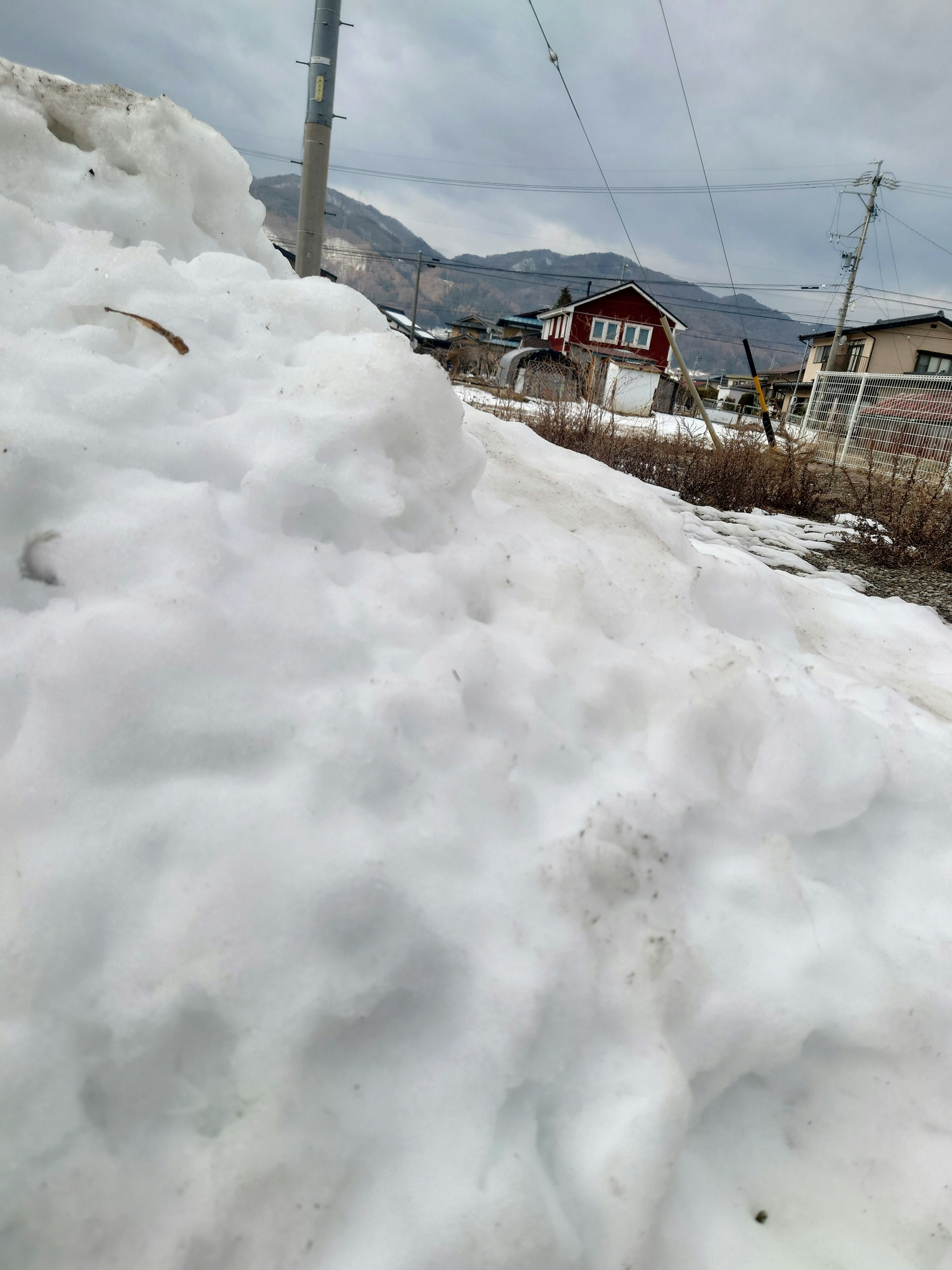 A snowy landscape featuring a mound of snow and nearby houses