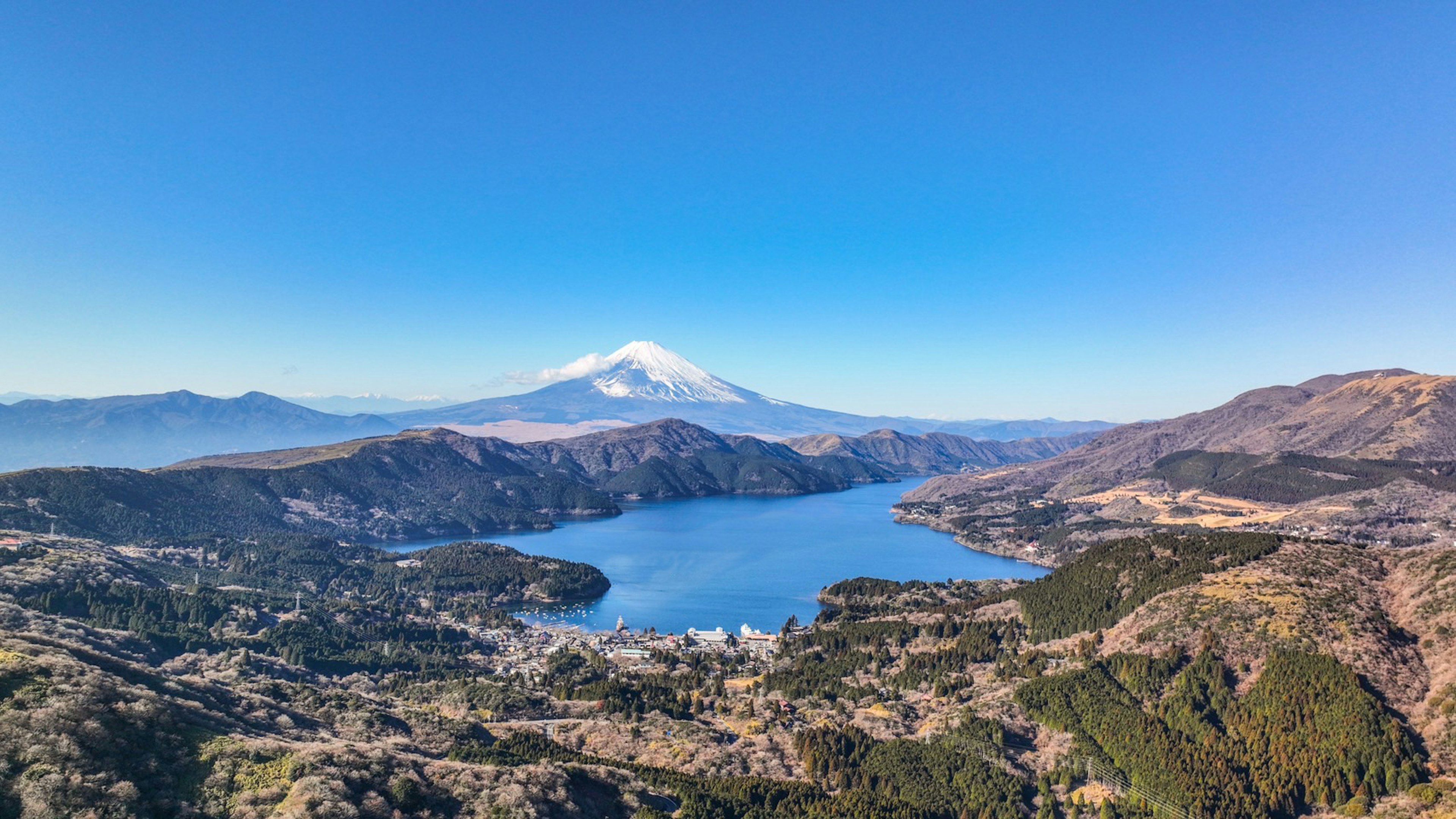 Vue pittoresque d'un lac et des montagnes sous un ciel bleu clair