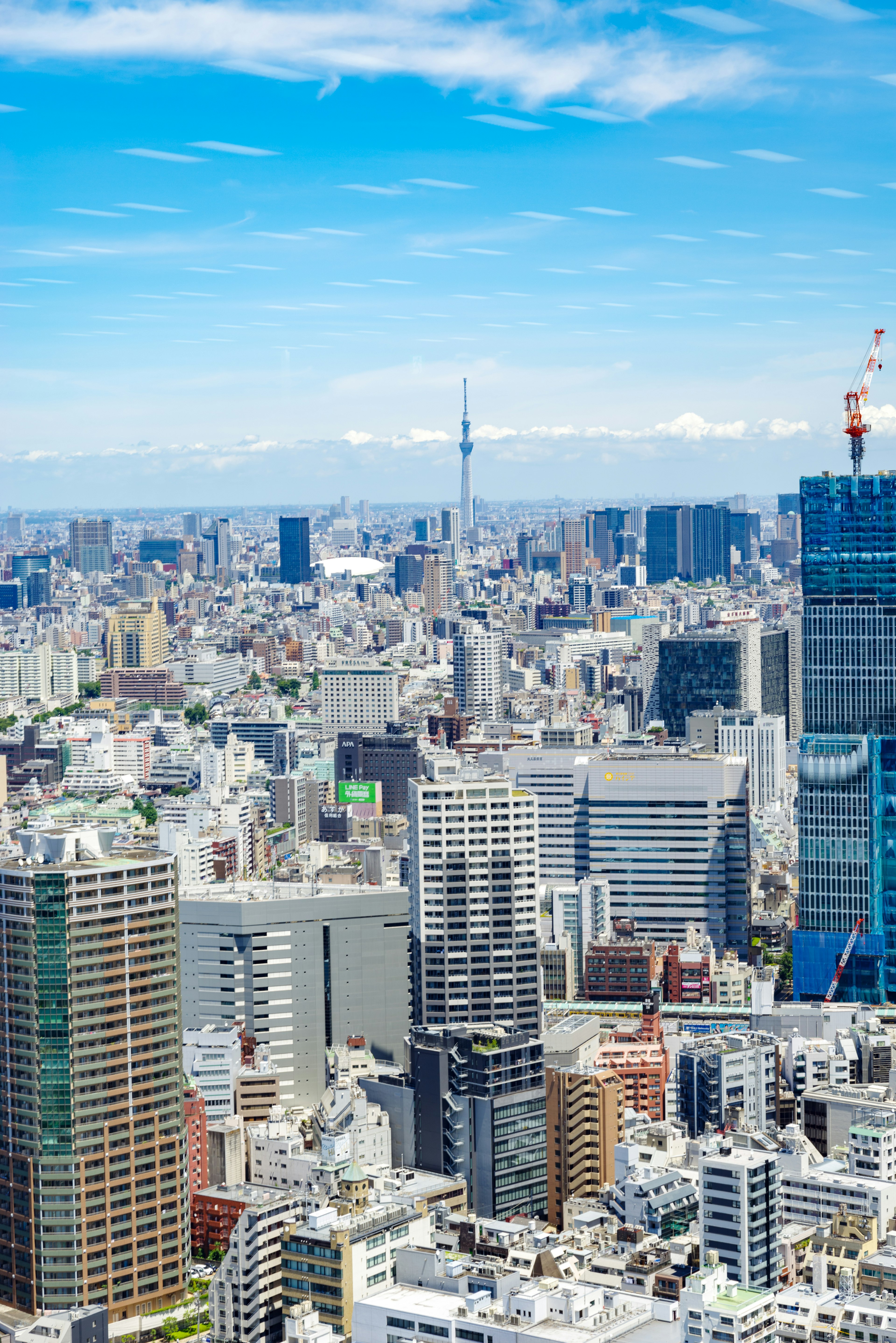 Pemandangan udara dari garis langit Tokyo dengan gedung pencakar langit dan Tokyo Tower di bawah langit biru yang cerah