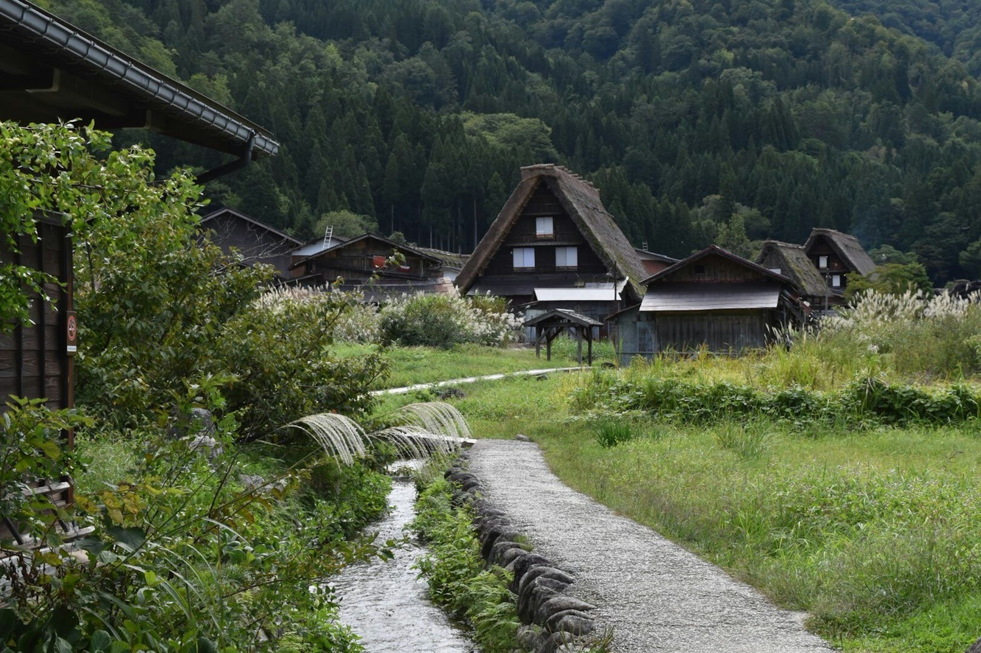 美しい山村の風景、伝統的な茅葺き屋根の家々、緑の草原と小川が流れる